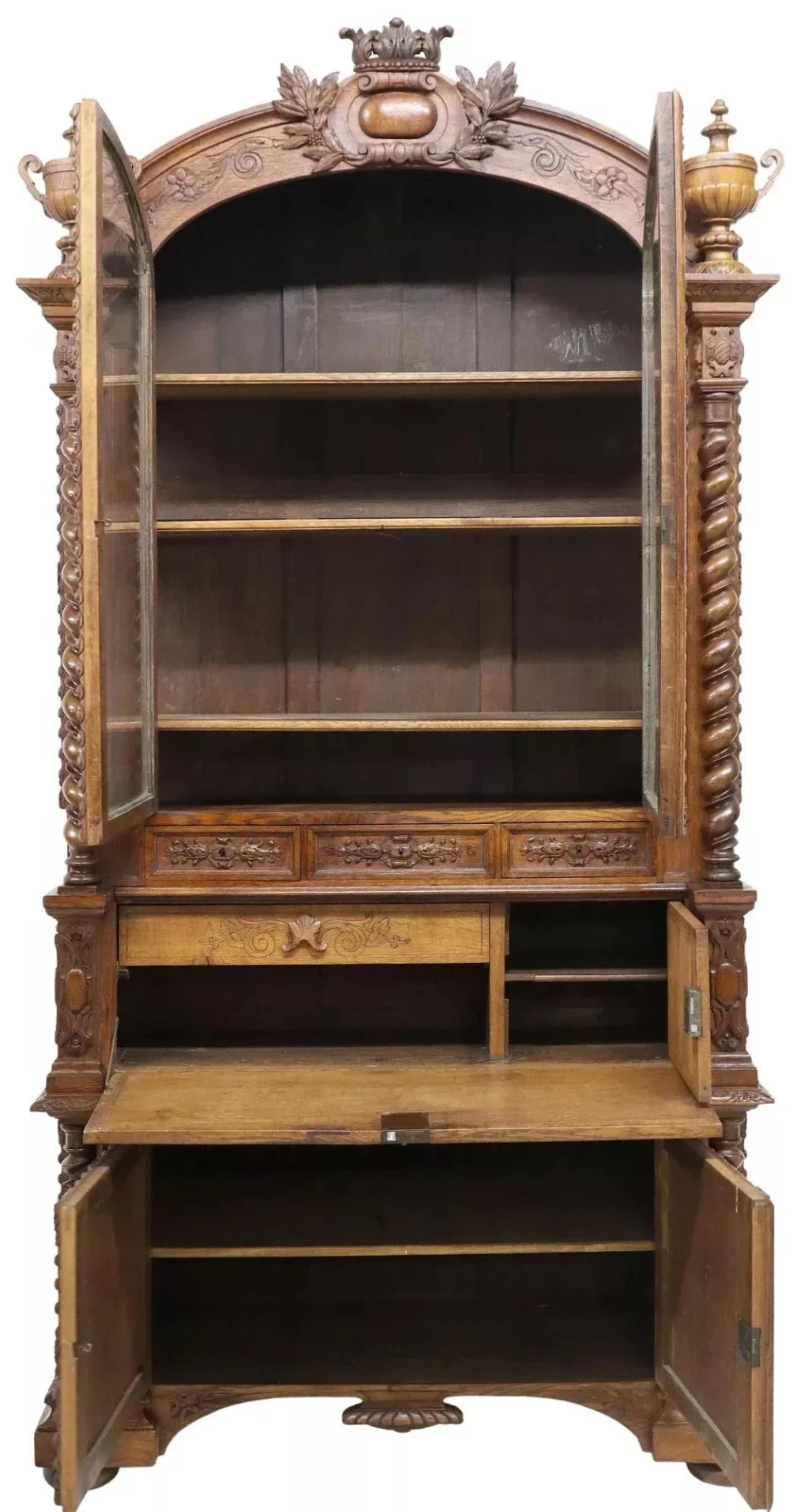 19th Century 1800's Antique Fine French Henri II Style, Carved Oak Bookcase, Secretary! For Sale