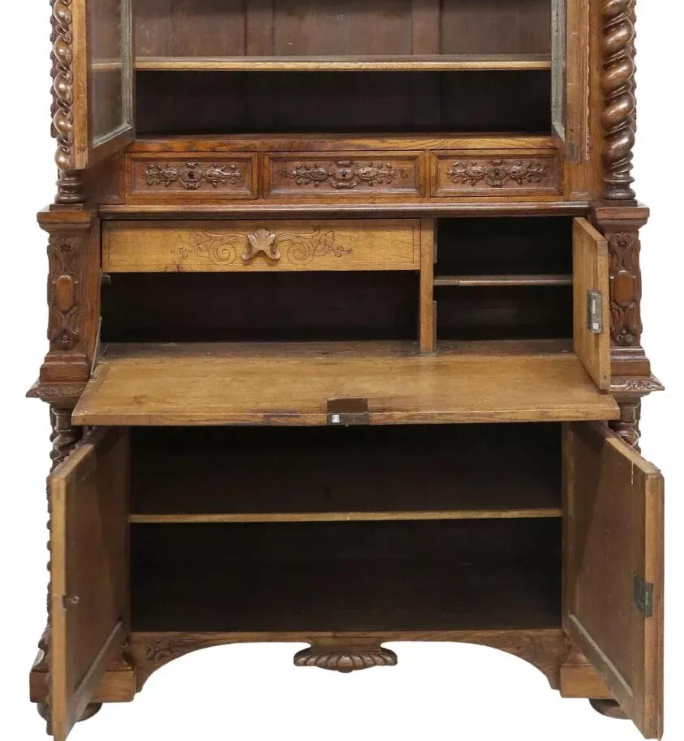 Wood 1800's Antique Fine French Henri II Style, Carved Oak Bookcase, Secretary! For Sale