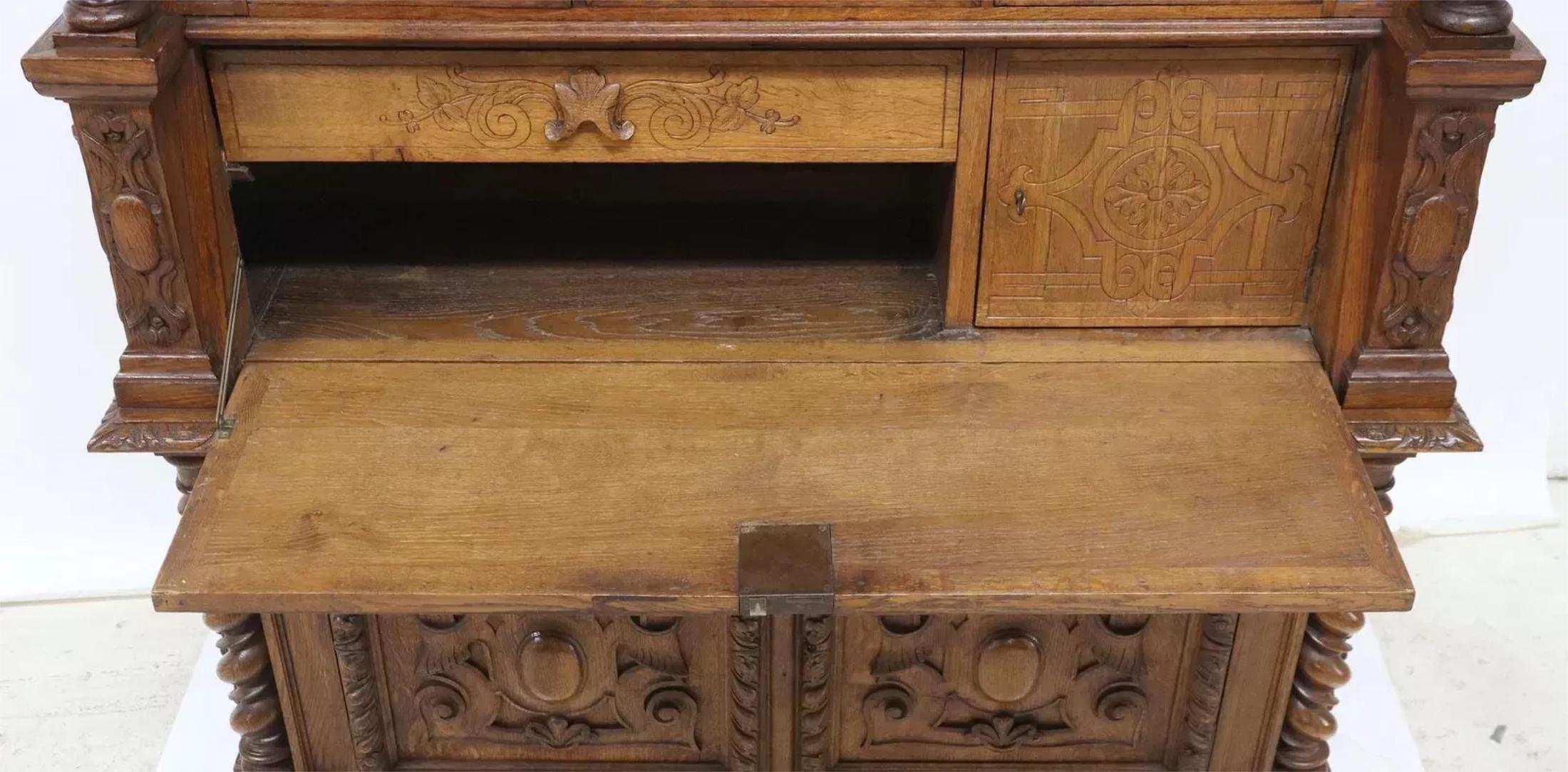 1800's Antique Fine French Henri II Style, Carved Oak Bookcase, Secretary! For Sale 2