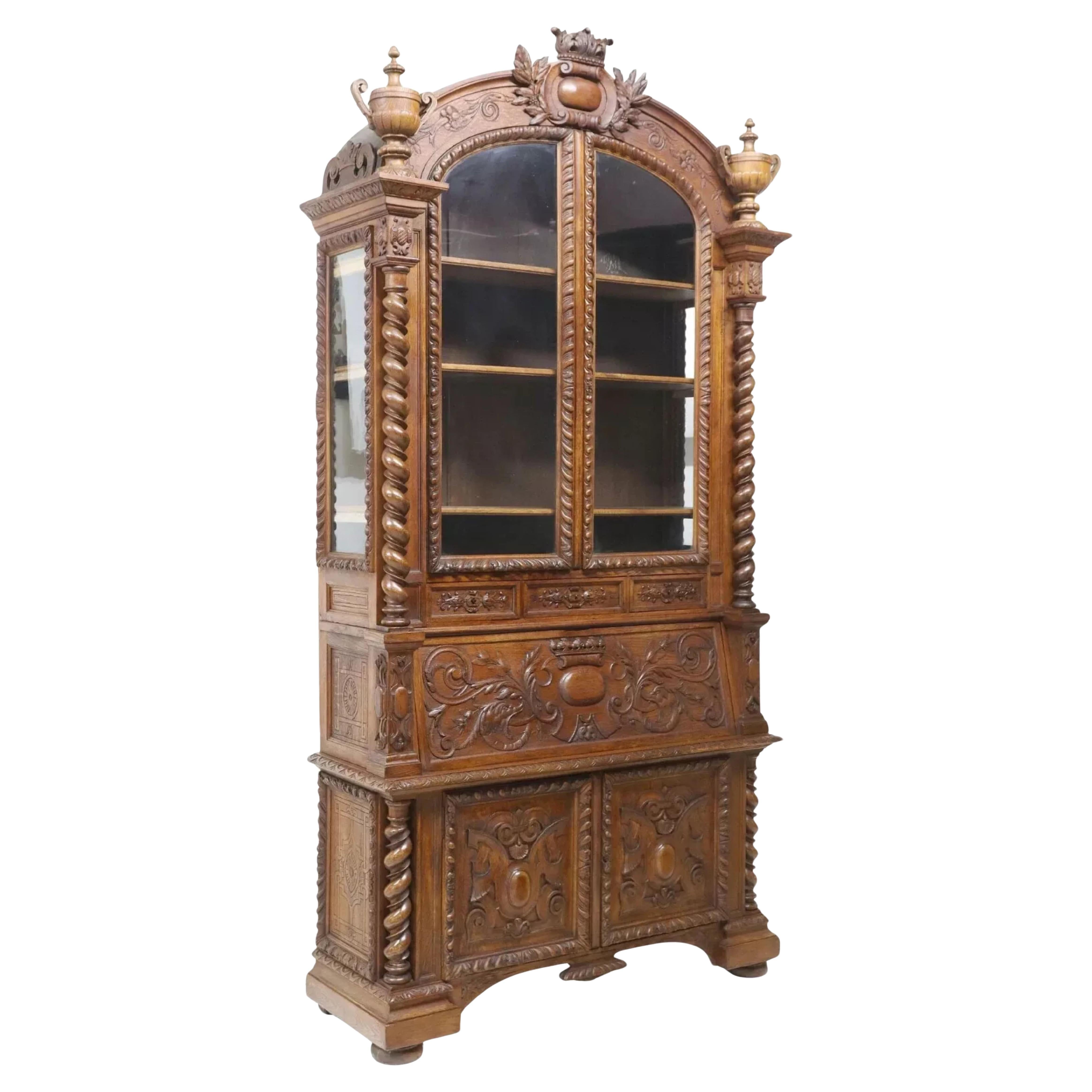 1800's Antique Fine French Henri II Style, Carved Oak Bookcase, Secretary! For Sale