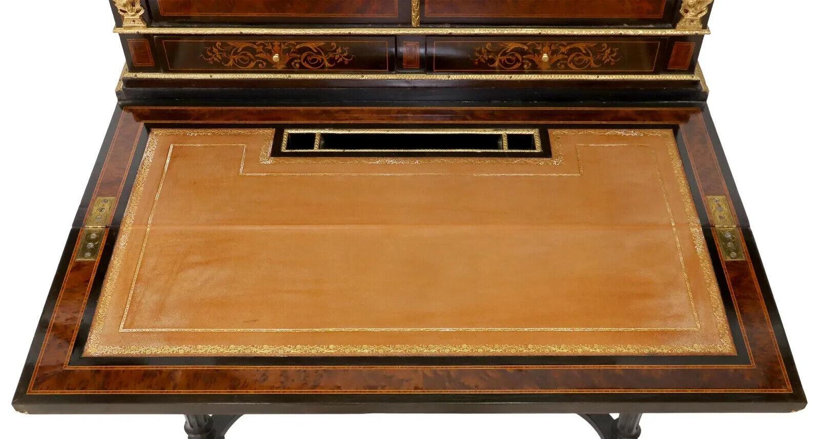 19th Century 1800's Antique Fine French Napoleon III Marquetry, Drawers, Bonheur Du Jour Desk For Sale