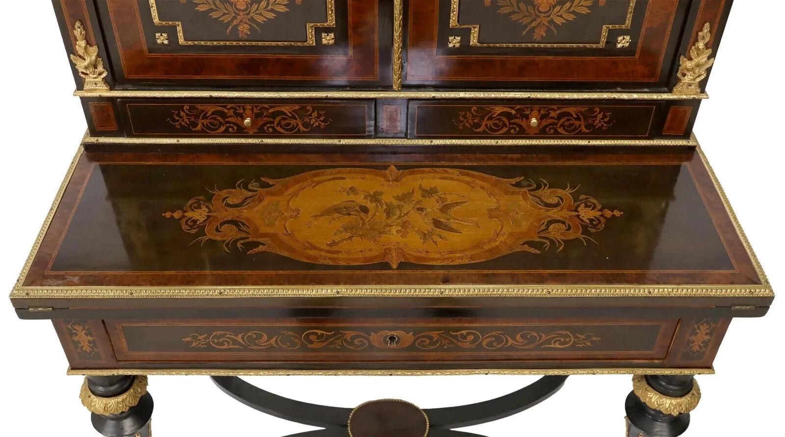 Wood 1800's Antique Fine French Napoleon III Marquetry, Drawers, Bonheur Du Jour Desk For Sale