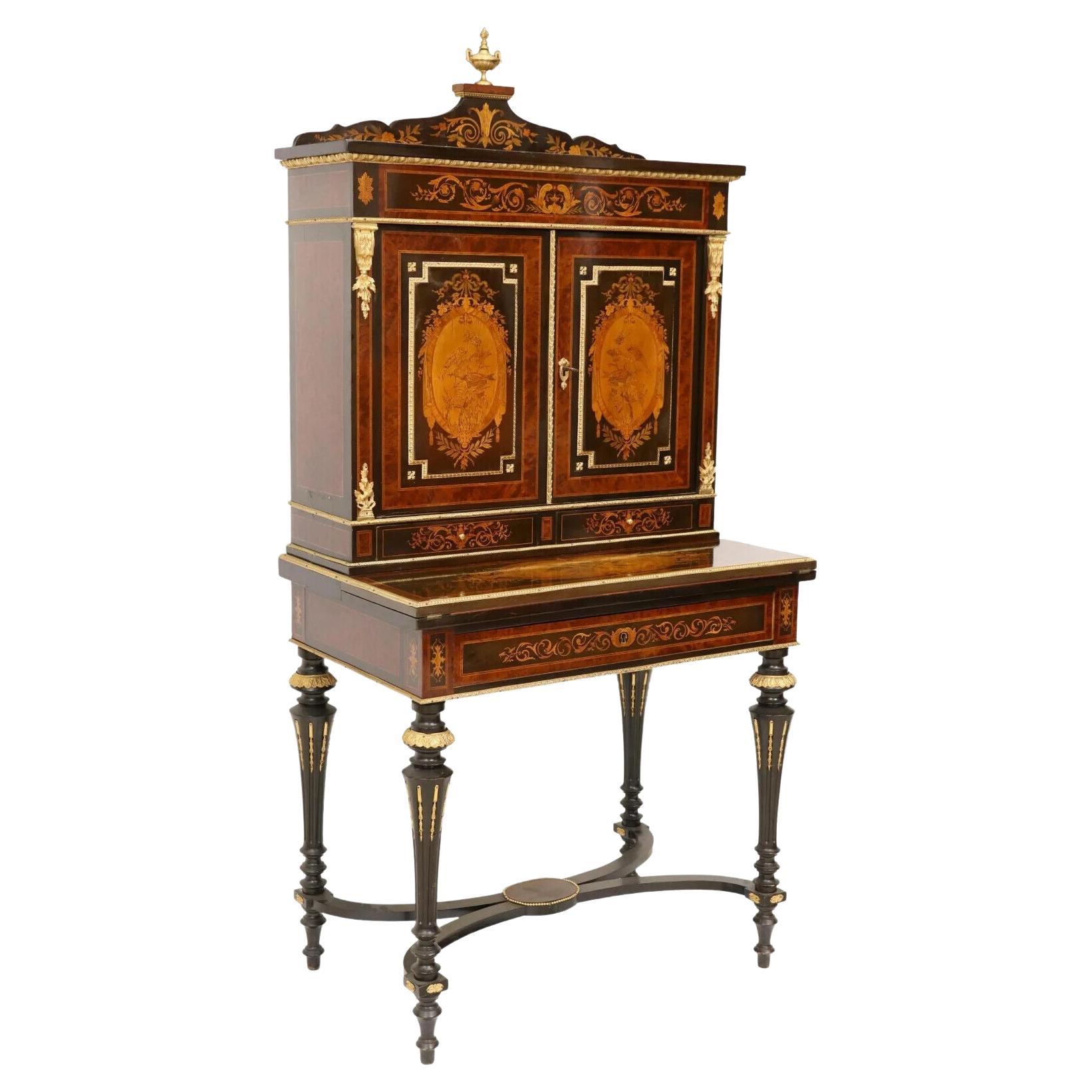 1800's Antique Fine French Napoleon III Marquetry, Drawers, Bonheur Du Jour Desk For Sale