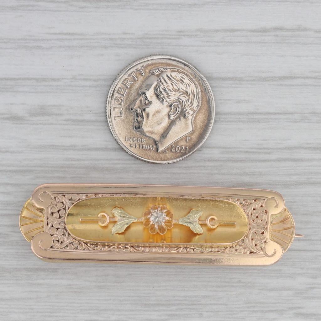 1800s Antique Floral Diamond Bar Brooch 18k Yellow Green Gold Pin In Good Condition In McLeansville, NC