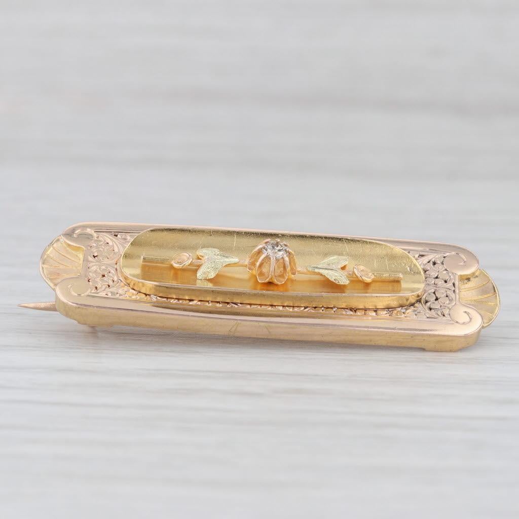 Women's or Men's 1800s Antique Floral Diamond Bar Brooch 18k Yellow Green Gold Pin