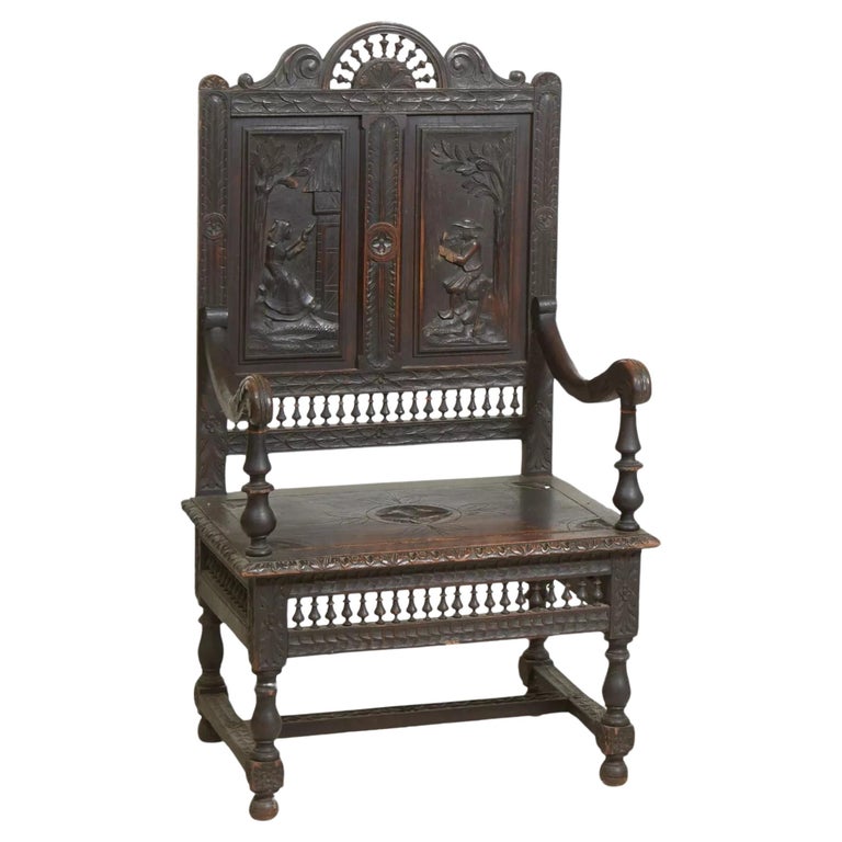 Fauteuil Breton Ancien - Bureau - Bois - Paillage - Marron - Dimensions 98x54x51 Cm - Occasion