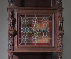 1800s Antique French Breton, Carved, Stained Glass Double Buffets, Set of Two
