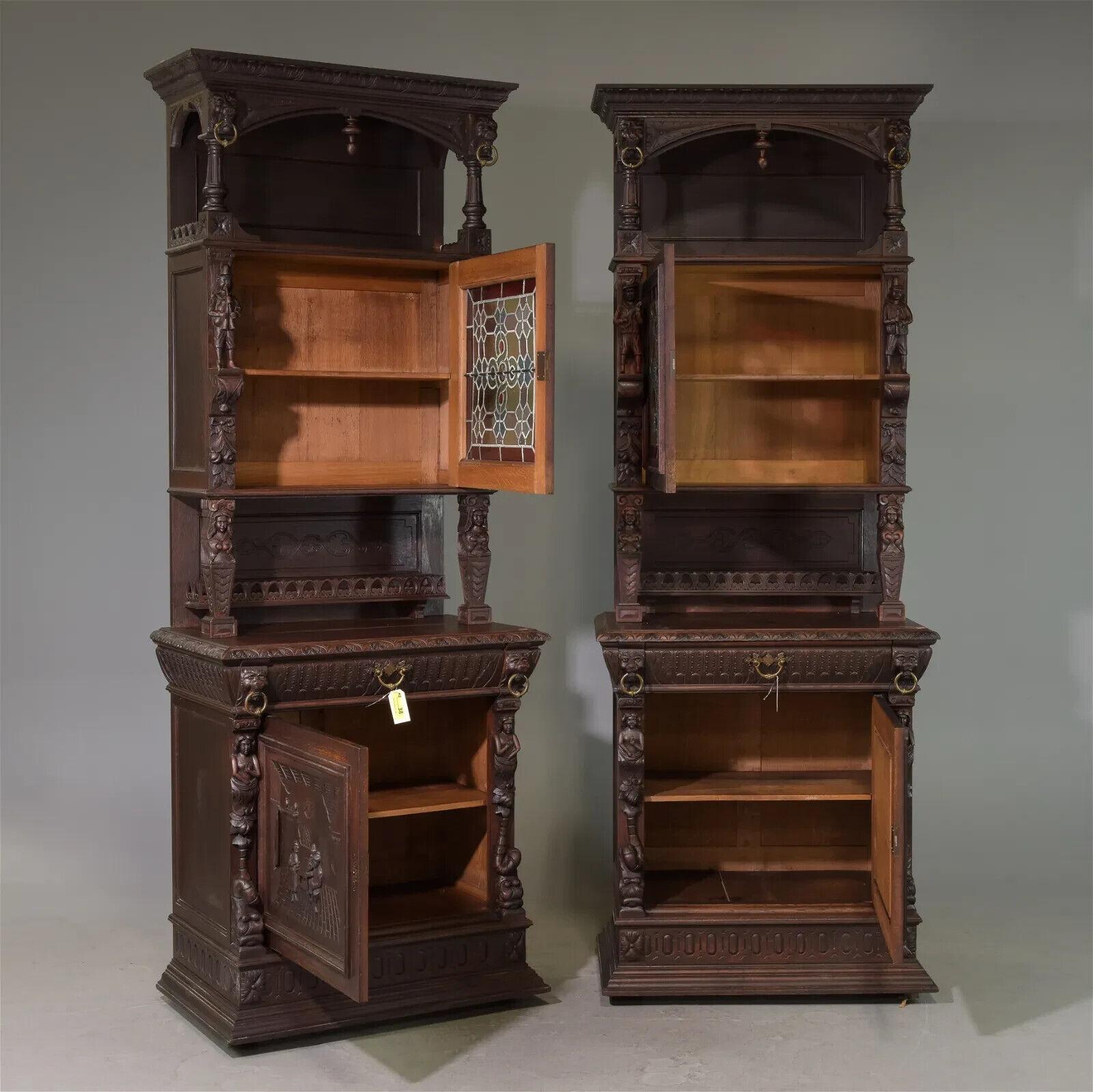 Rococo 1800s Antique French Breton, Carved, Stained Glass Double Buffets, Set of Two