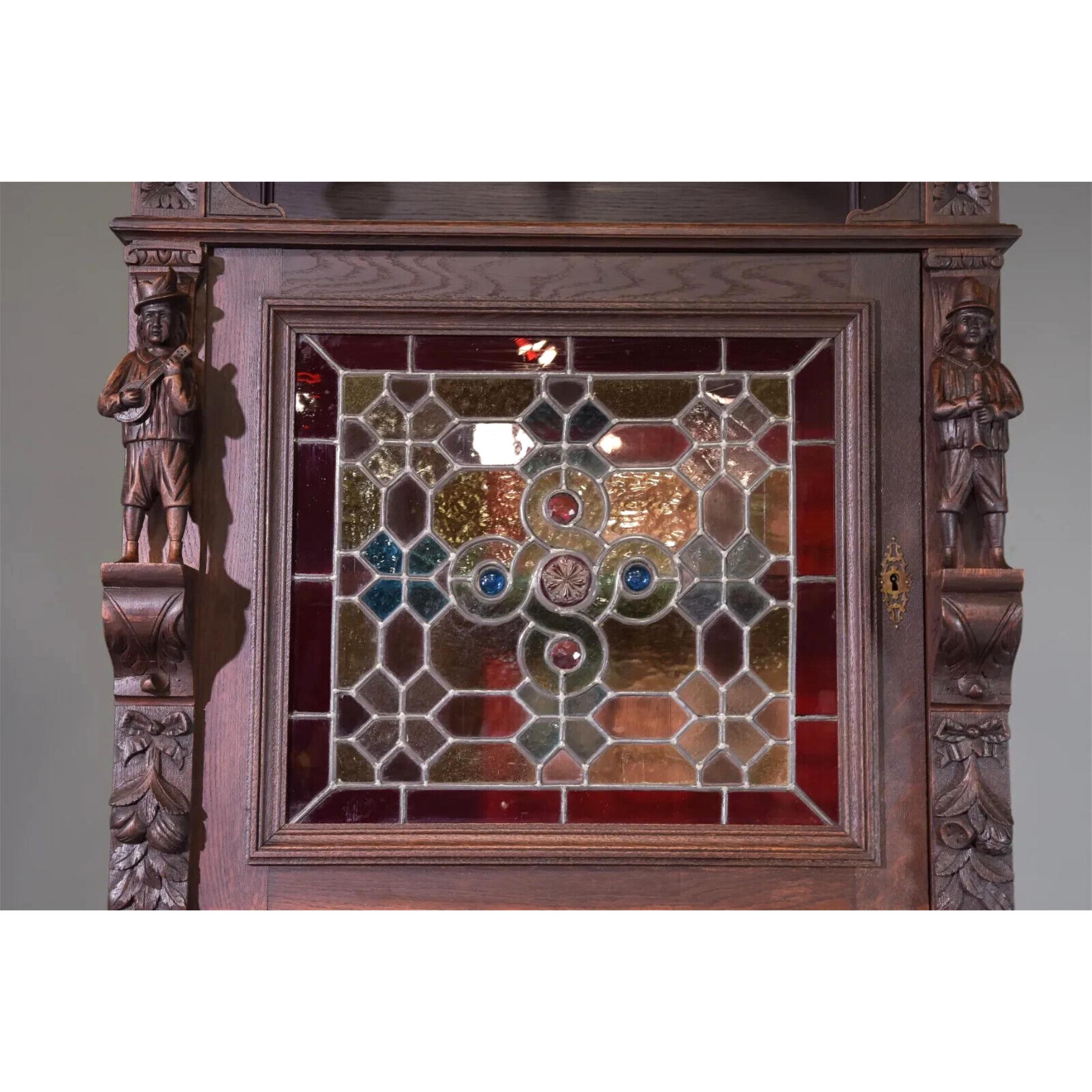 19th Century 1800s Antique French Breton, Carved, Stained Glass Double Buffets, Set of Two