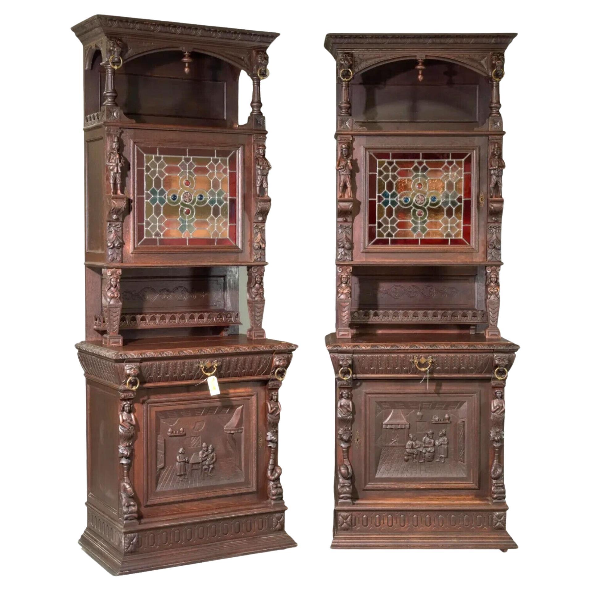 1800s Antique French Breton, Carved, Stained Glass Double Buffets, Set of Two For Sale