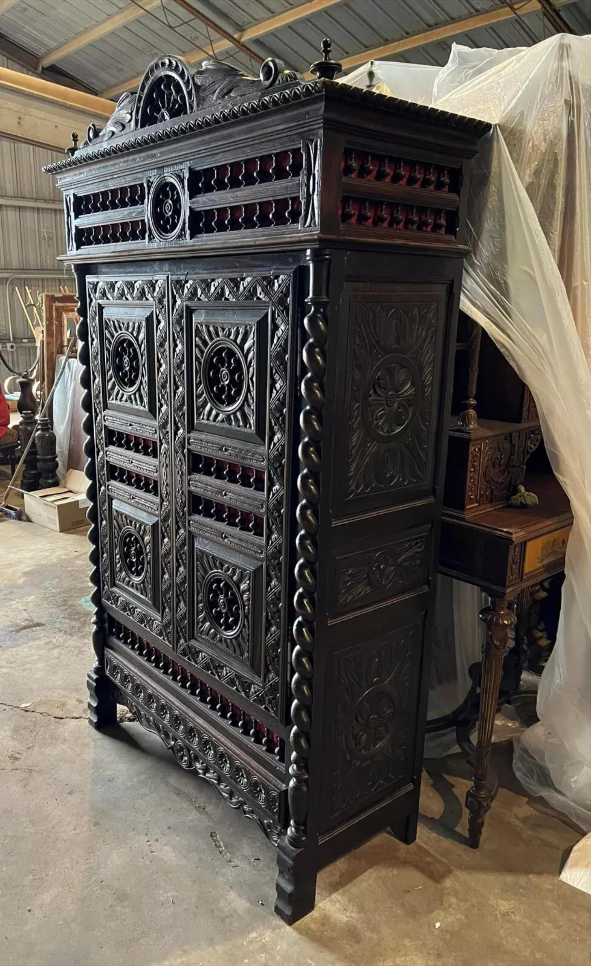 1800's Antique French Breton, Carved Wood, Shelves, Red Interior Bookcase! For Sale 4