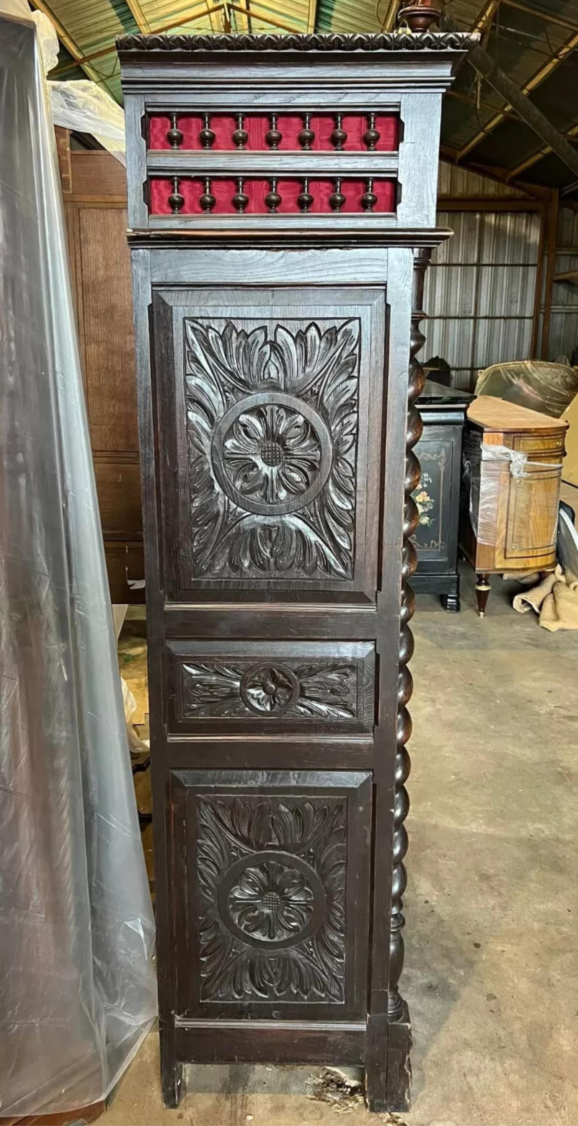 1800's Antique French Breton, Carved Wood, Shelves, Red Interior Bookcase! For Sale 5