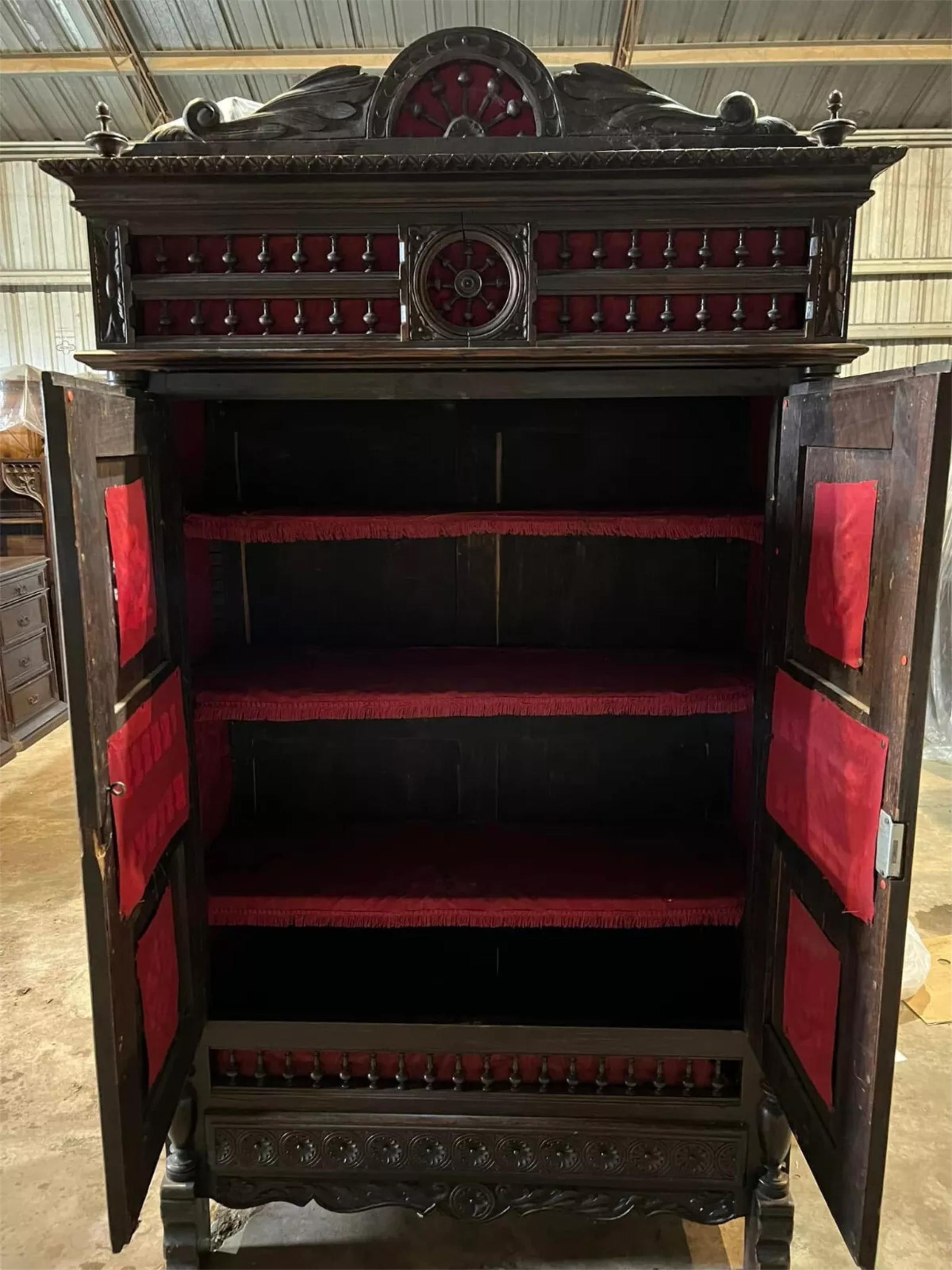 Other 1800's Antique French Breton, Carved Wood, Shelves, Red Interior Bookcase! For Sale