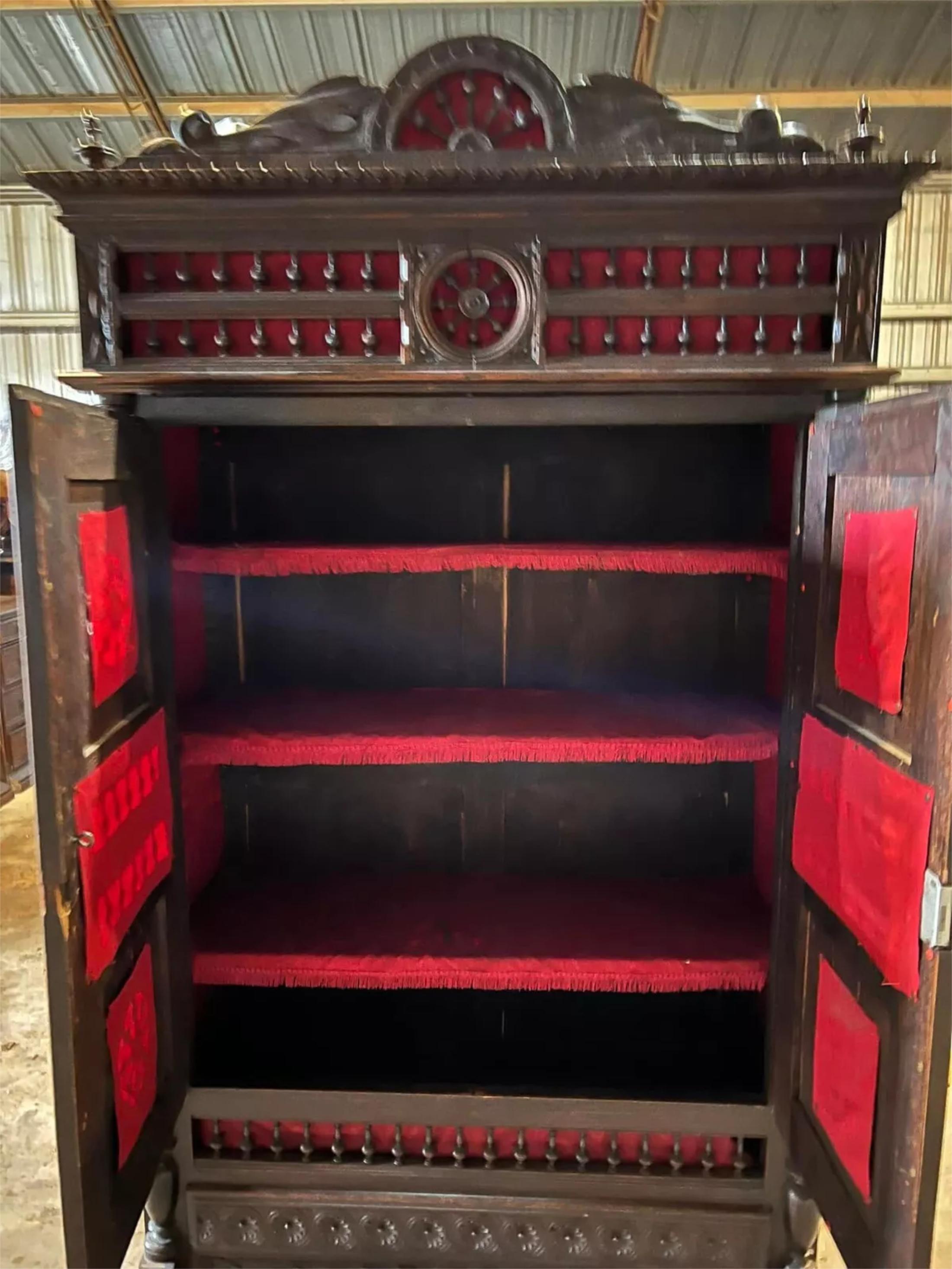 Fabric 1800's Antique French Breton, Carved Wood, Shelves, Red Interior Bookcase! For Sale