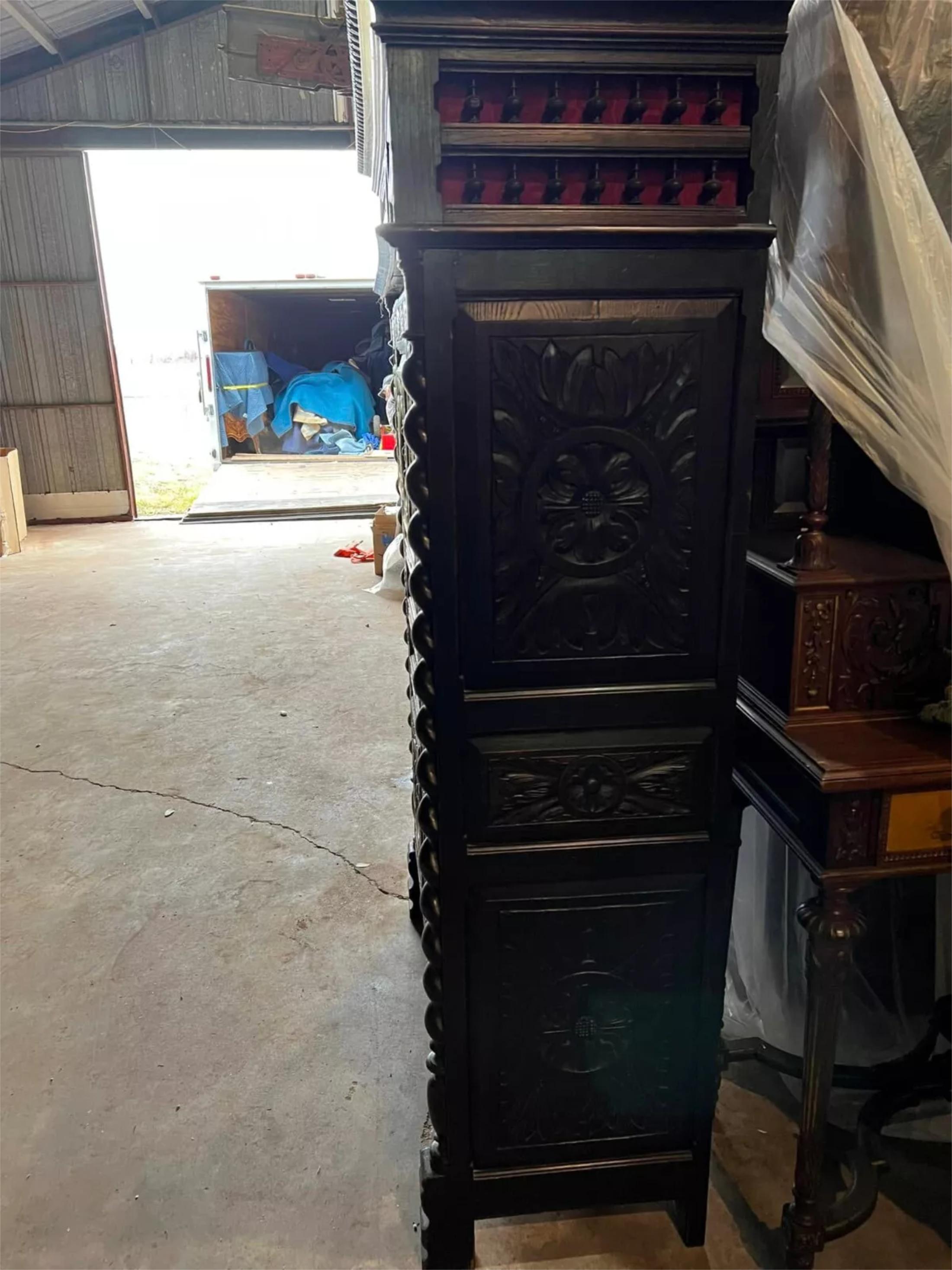 1800's Antique French Breton, Carved Wood, Shelves, Red Interior Bookcase! For Sale 1