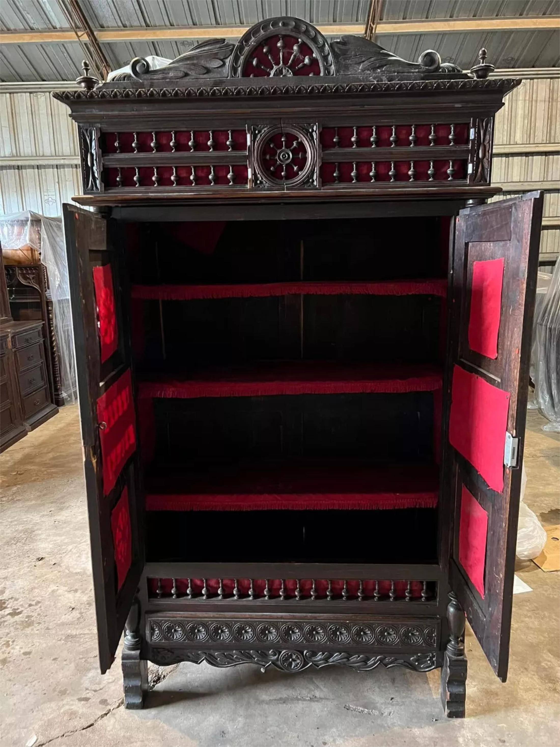 1800's Antique French Breton, Carved Wood, Shelves, Red Interior Bookcase! For Sale 2