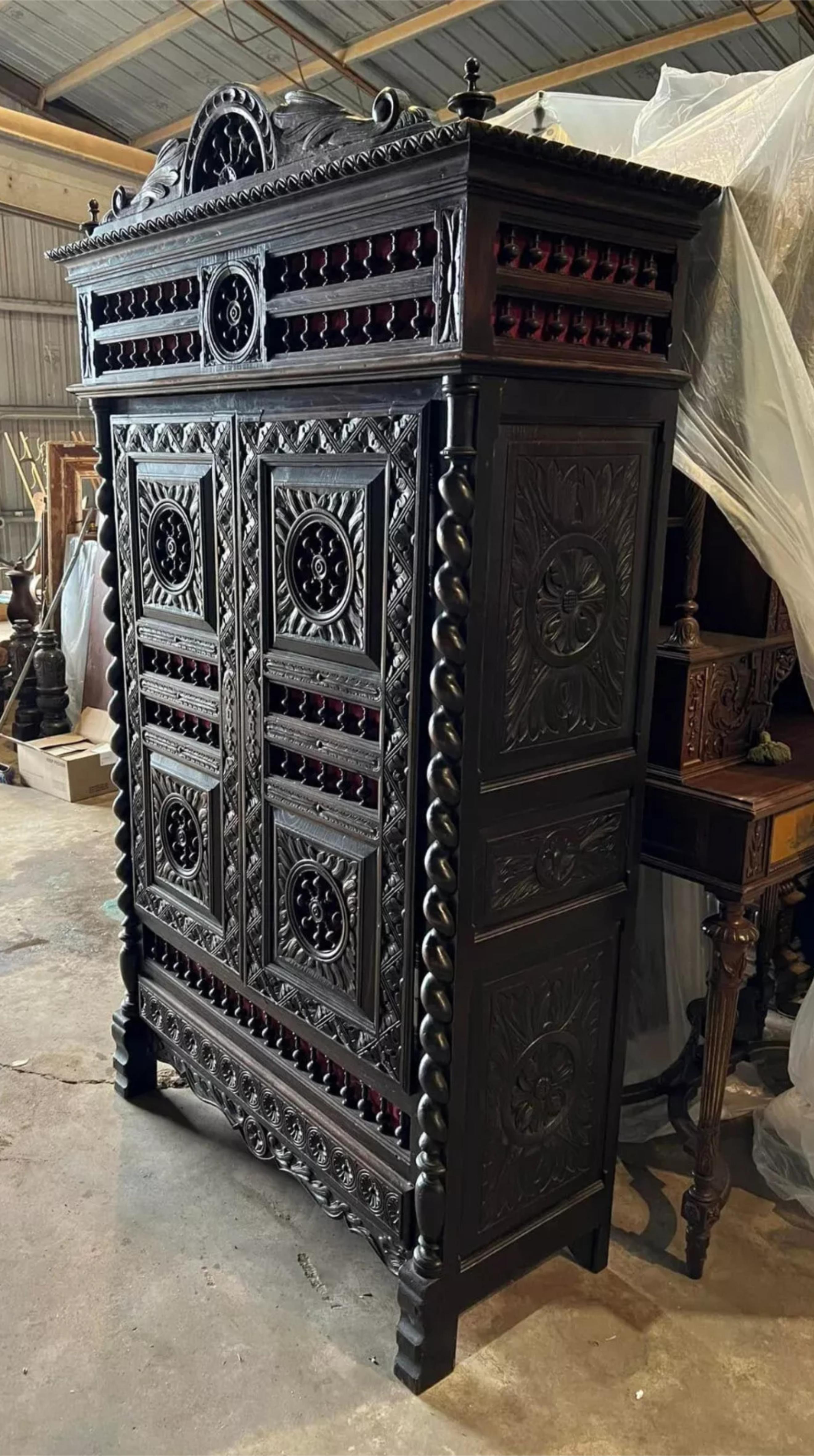 1800's Antique French Breton, Carved Wood, Shelves, Red Interior Bookcase! For Sale 3