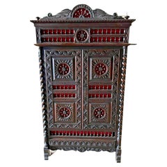 ¡1800's Antiguo Bretón Francés, Madera Tallada, Estantes, Librería Interior Rojo!