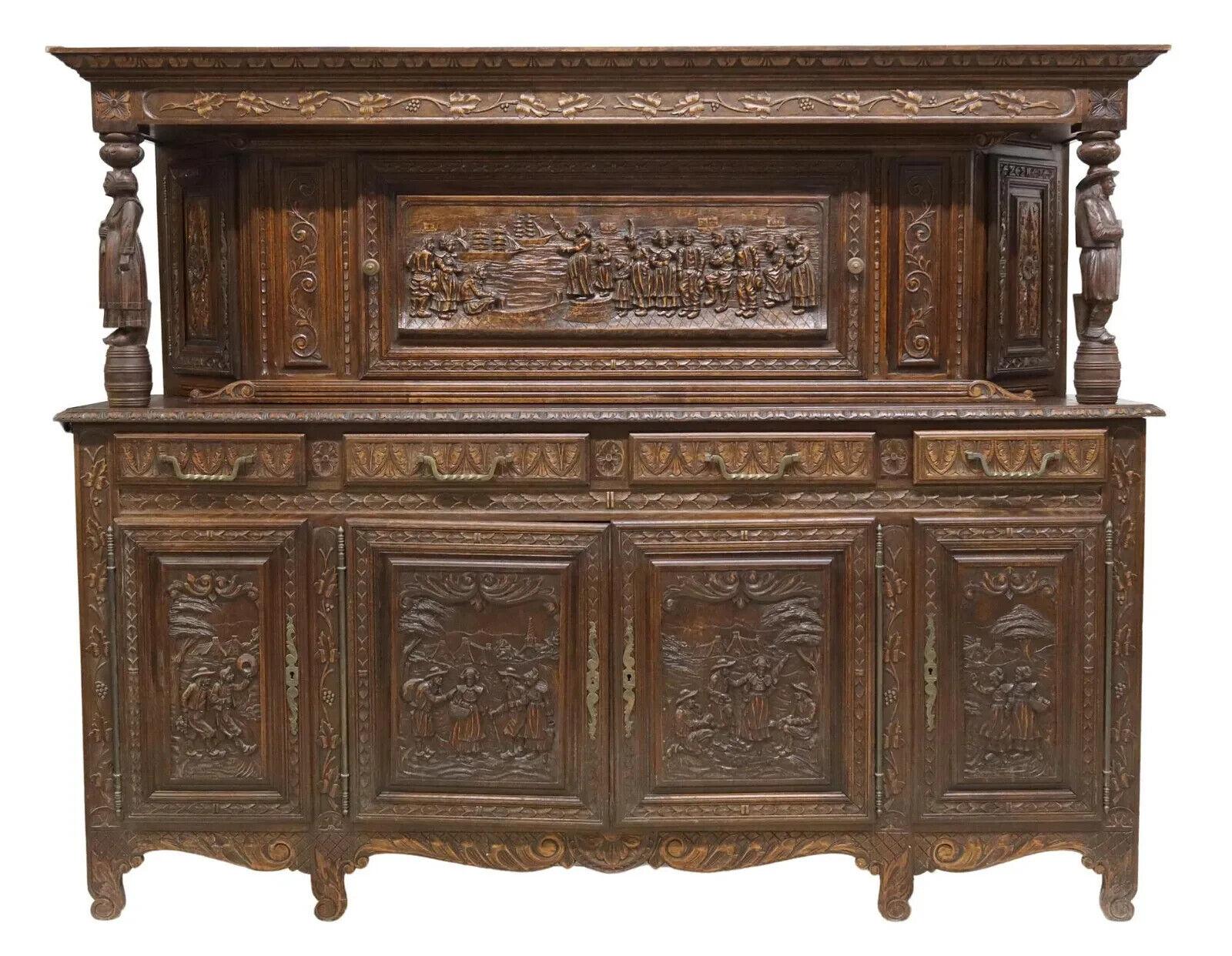 Gorgeous Antique Sideboard, French Breton, Figural, Carved, Oak, Drawers, Shelves, 19th Century, 1800s!!  Check for matching table and chairs!

French carved oak sideboard, Brittany, 19th c., the whole carved with figural scenes and running