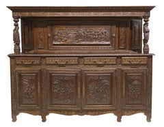 Ancien Breton français des années 1800, figuratif, en chêne sculpté, tiroirs, étagères, buffet !