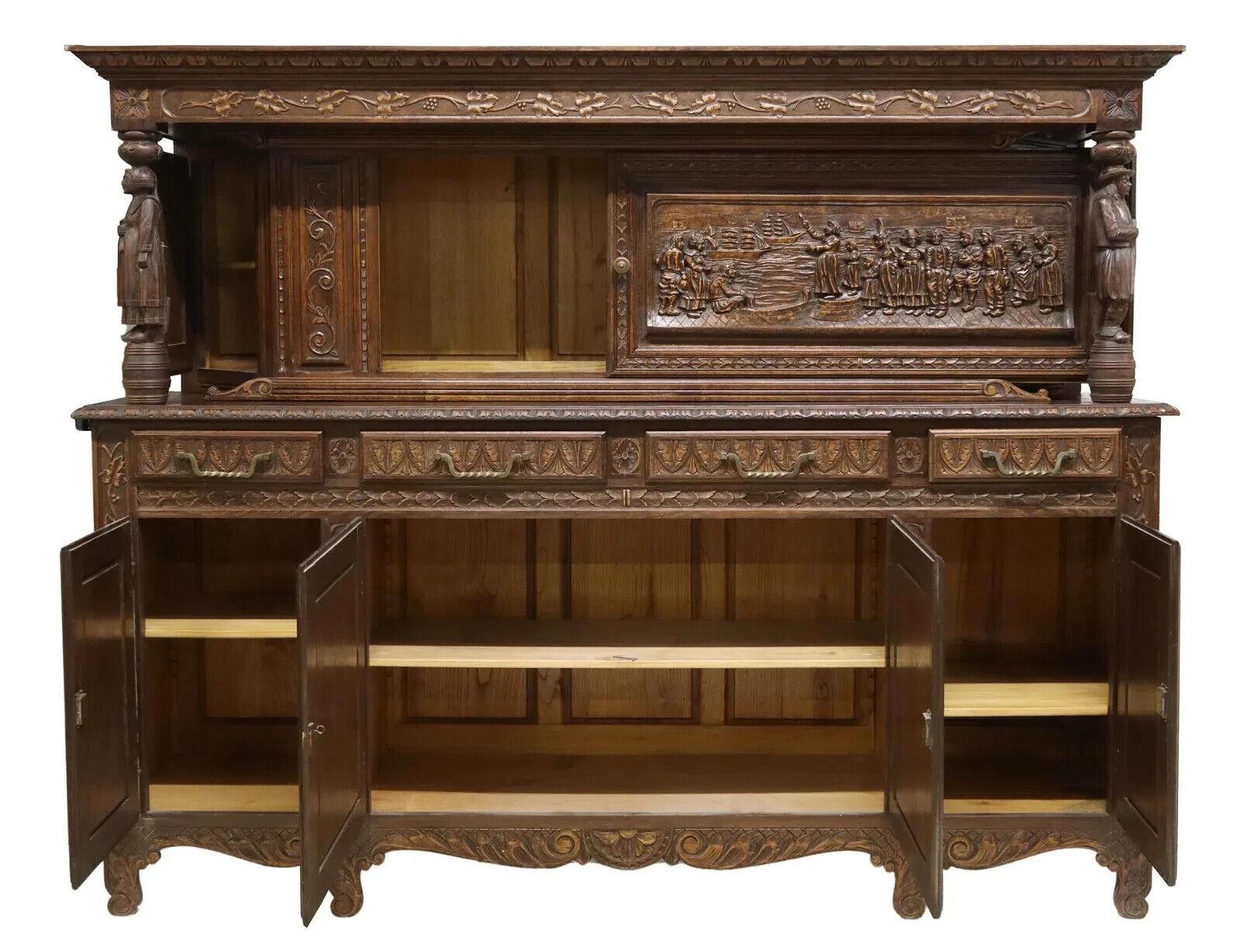 1800's Antique French Breton, Figural, Carved Oak, Drawers, Shelves, Sideboard! In Good Condition In Austin, TX