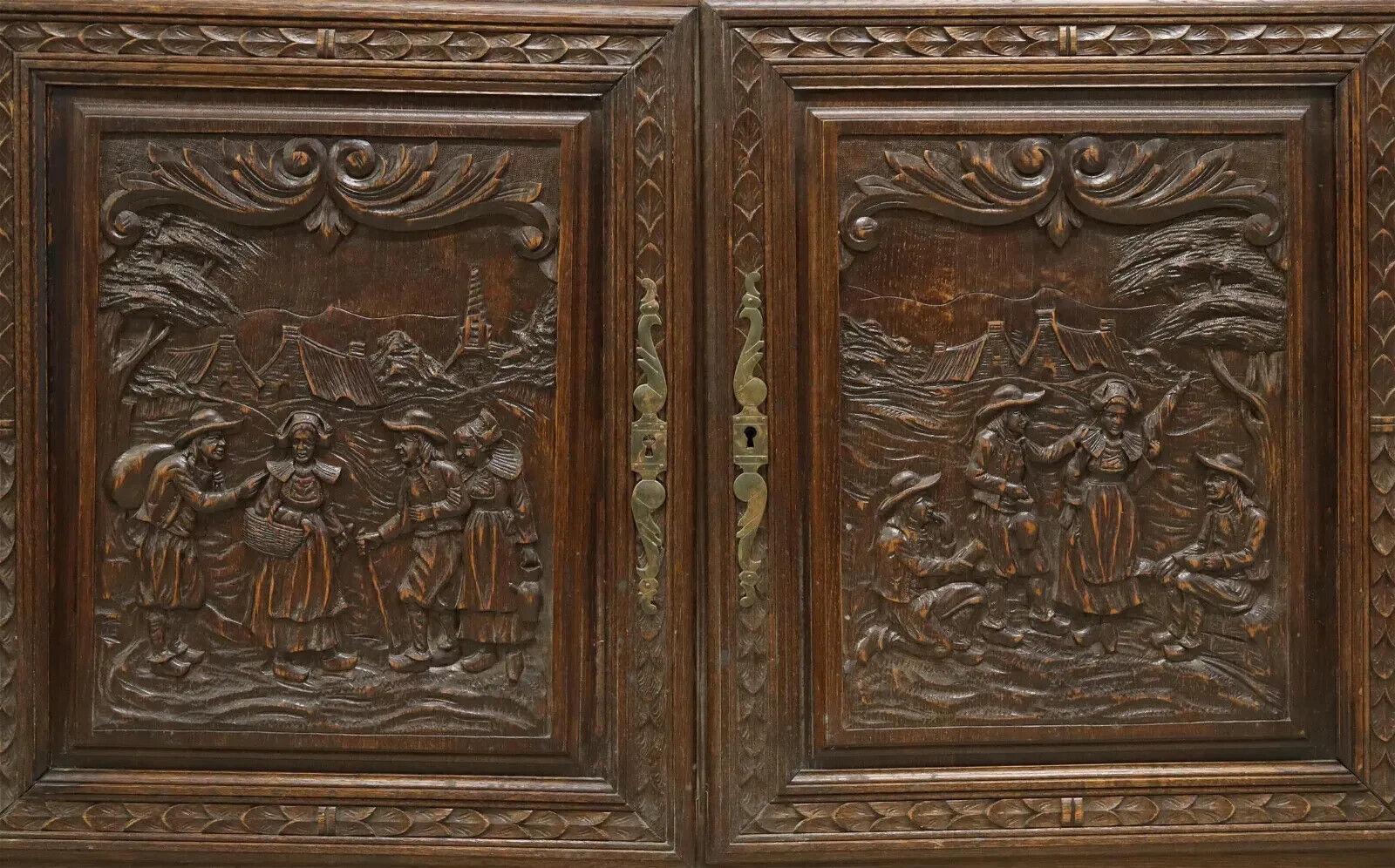 1800's Antique French Breton, Figural, Carved Oak, Drawers, Shelves, Sideboard! 3