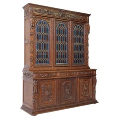 1800's Antique French Carved Oak & Stained Leaded Glass, Hunt, Foliate Bookcase