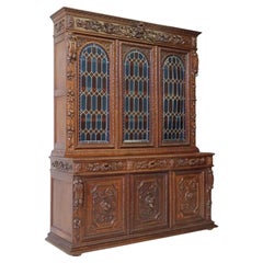 1800's Antique French Carved Oak, Stained Leaded Glass, Hunt, Foliate Bookcase!