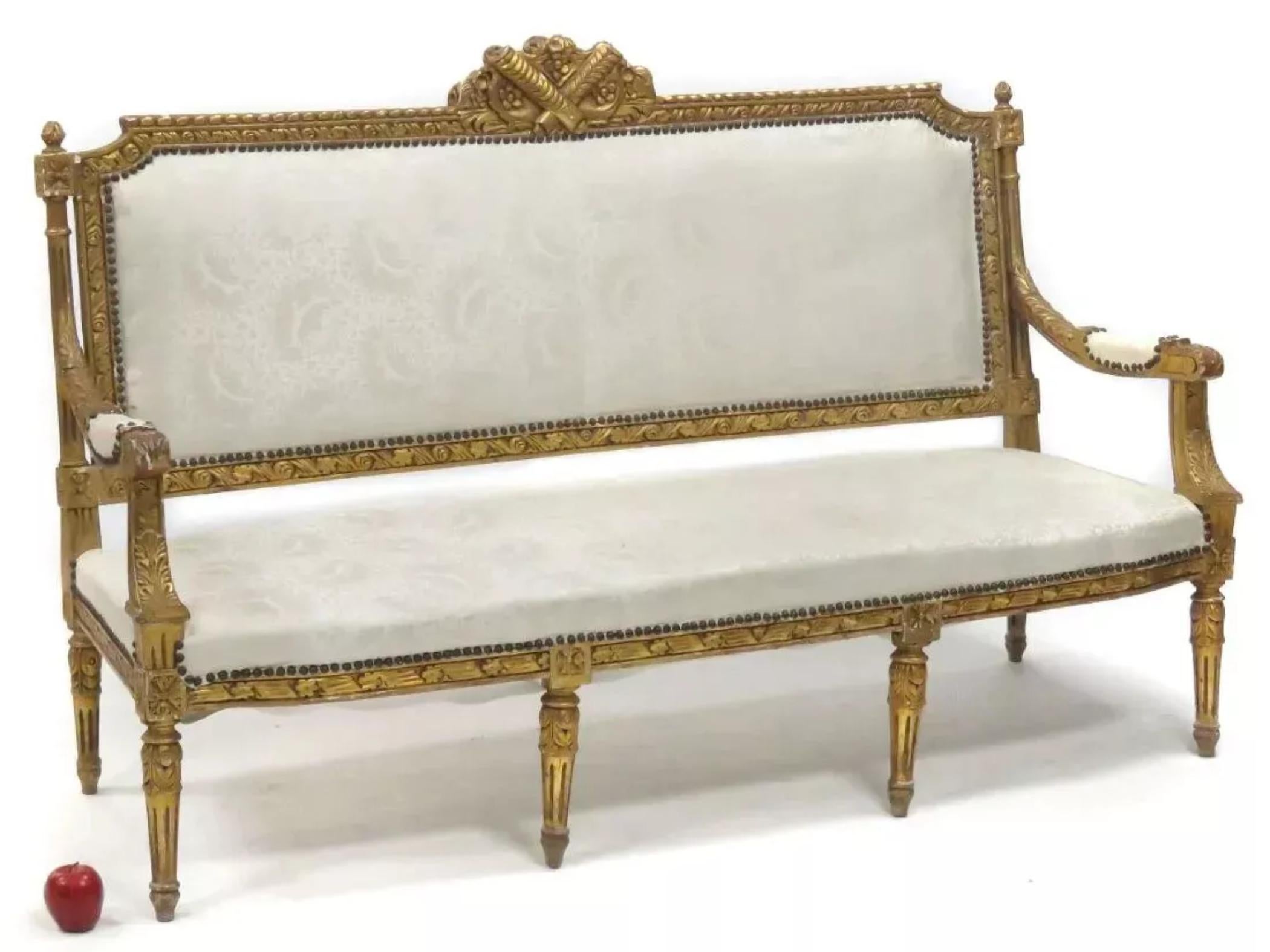 Antique French del 1800, sedie e divano dorati, bianco sporco, set da salotto, set di 3 persone in vendita 3