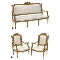 1800's Antike Französisch, Stühle und Sofa, vergoldet, Off-White, Wohnzimmer-Set, Set von 3