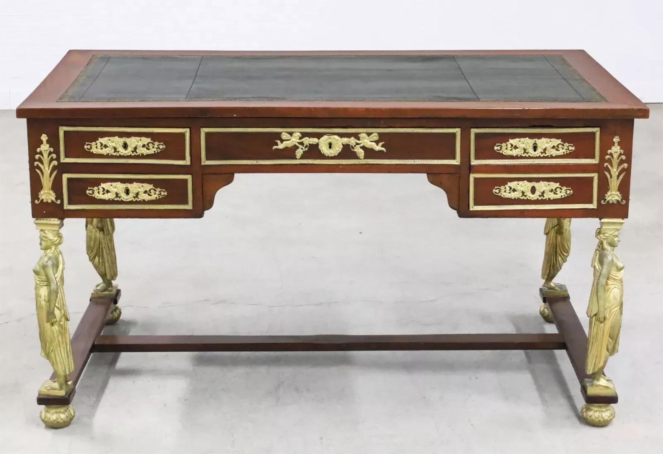 1800's Antique French Empire, MTD de Bronce, Correderas de Cuero, Caoba, Escritorio, Bureau Imperio en venta