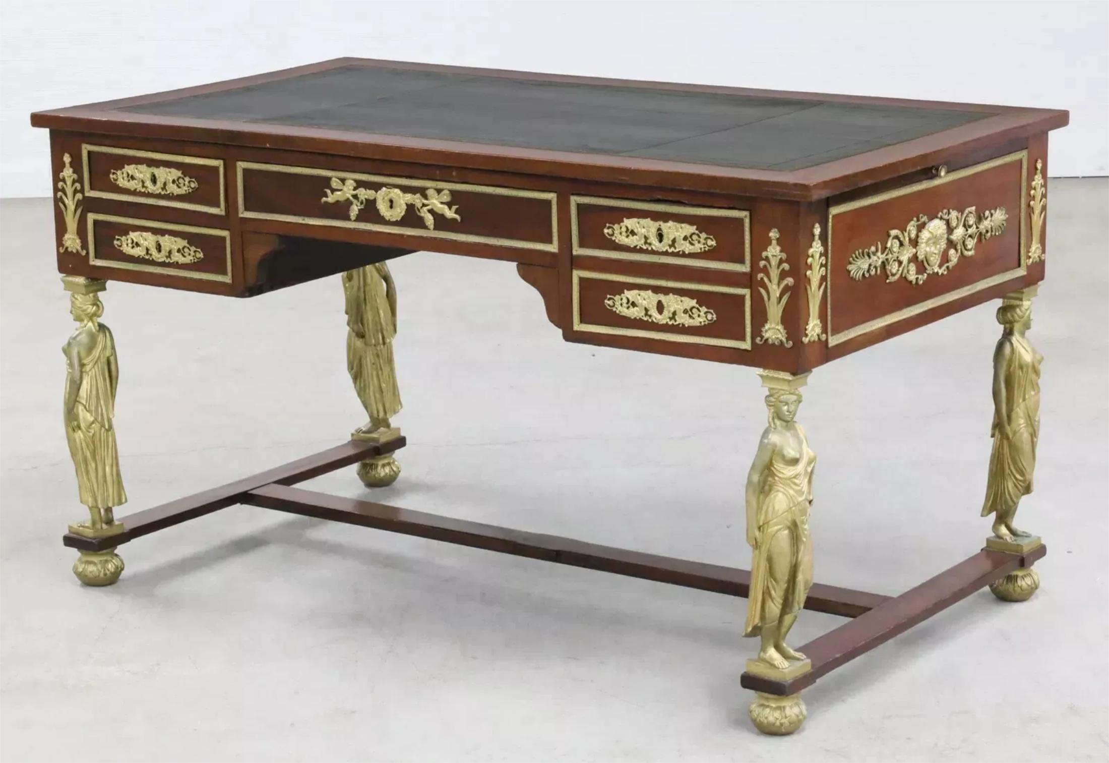 1800's Antique French Empire, MTD de Bronce, Correderas de Cuero, Caoba, Escritorio, Bureau Francés en venta