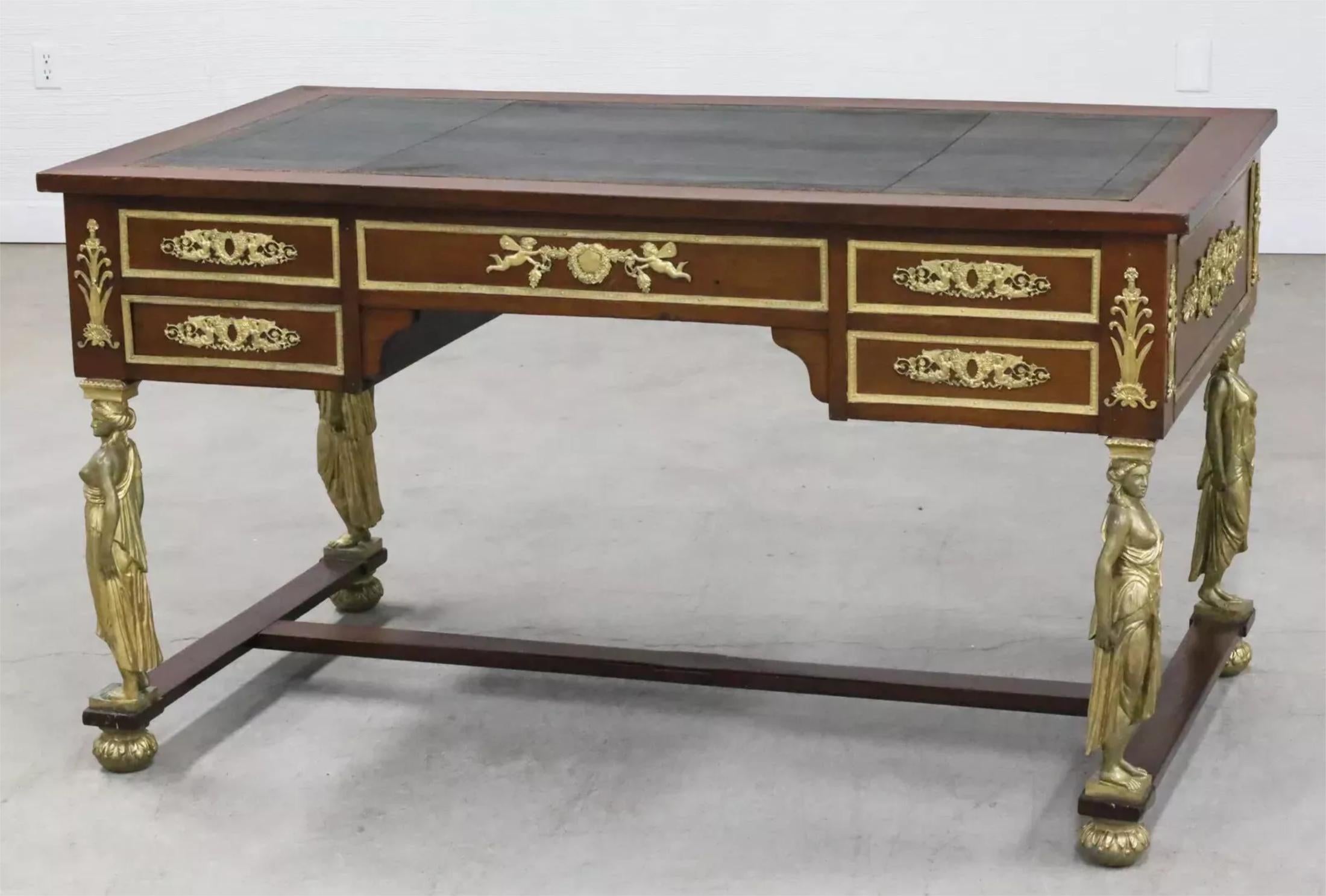 1800's Antique French Empire, MTD de Bronce, Correderas de Cuero, Caoba, Escritorio, Bureau en Bueno estado para la venta en Austin, TX