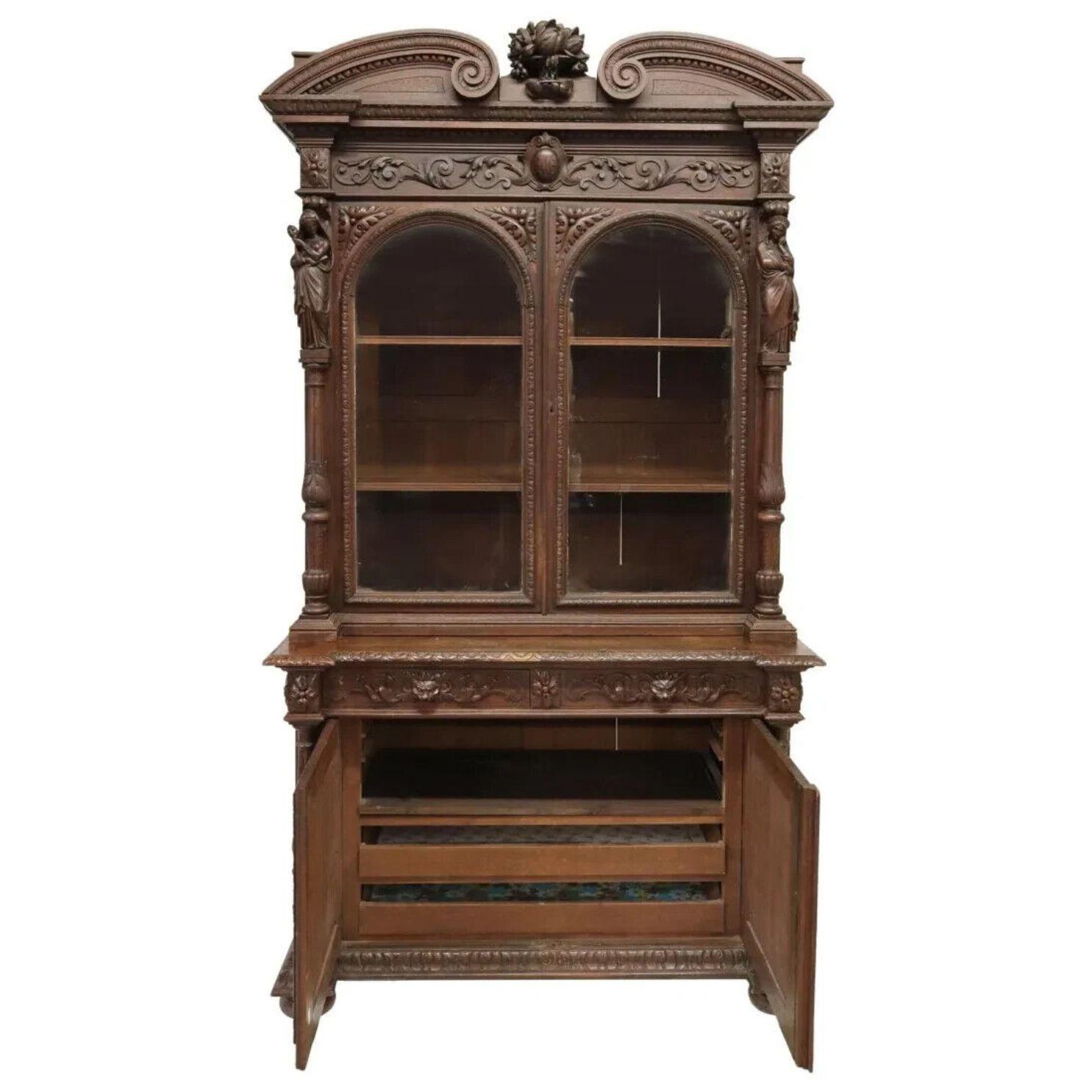 Other 1800s Antique French, Figural, Carved Oak, Stepback, Glazed Doors Bookcase For Sale