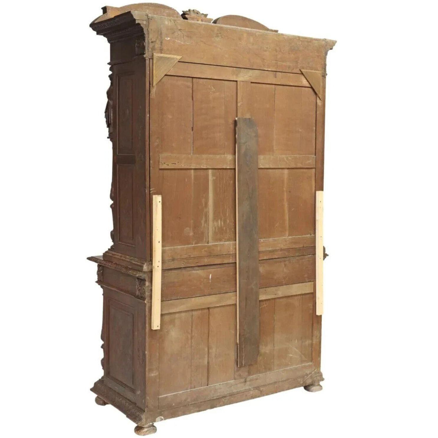 1800s Antique French, Figural, Carved Oak, Stepback, Glazed Doors Bookcase For Sale 2