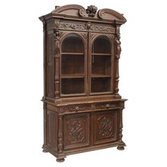 1800s Used French, Figural, Carved Oak, Stepback, Glazed Doors Bookcase