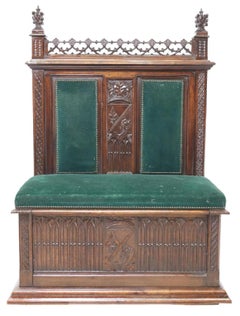 1800s Antique French Gothic Revival, Armorial, Carved Wood, Green, Hall Bench