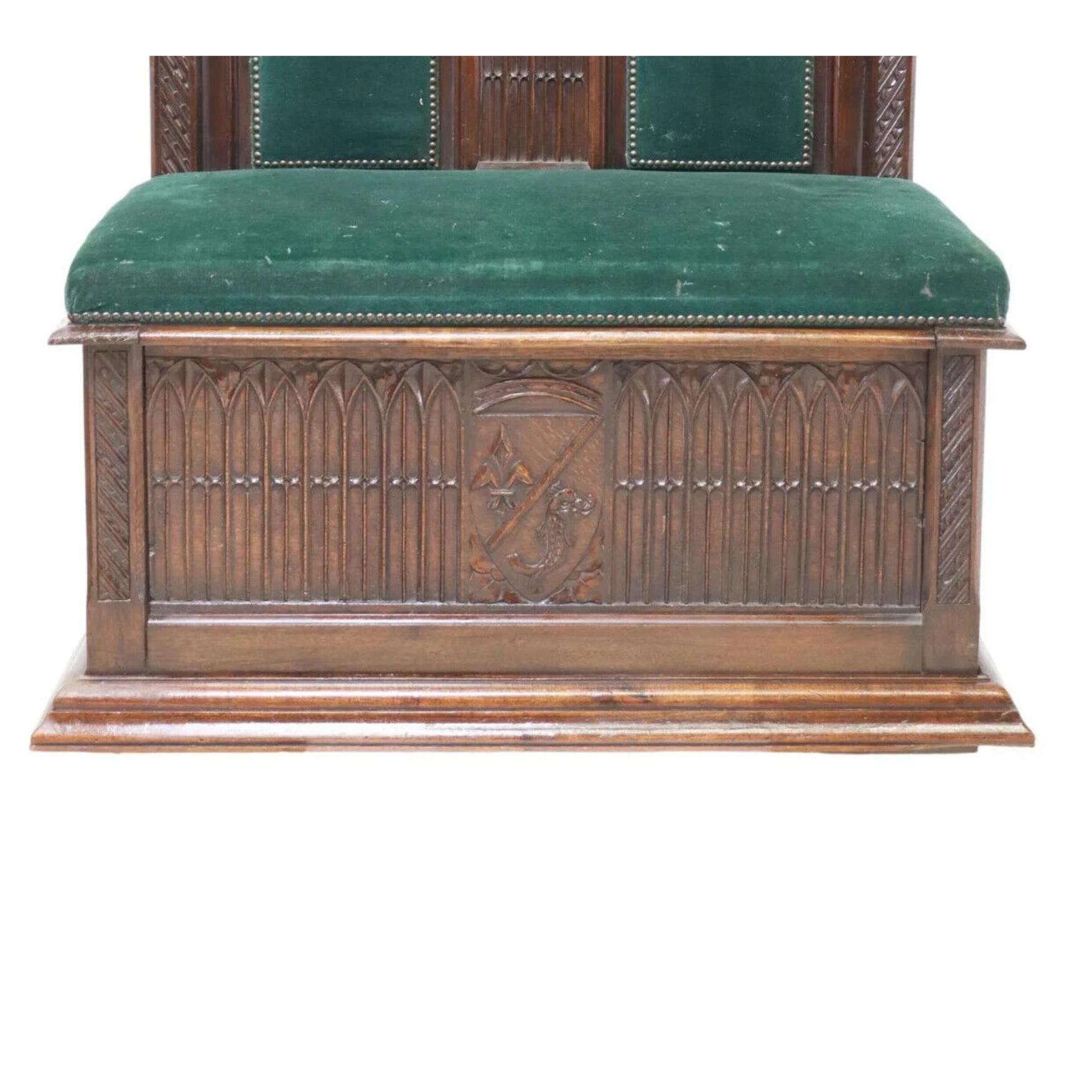 1800s Antique French Gothic Revival, Armorial, Carved Wood, Green, Hall Bench 2