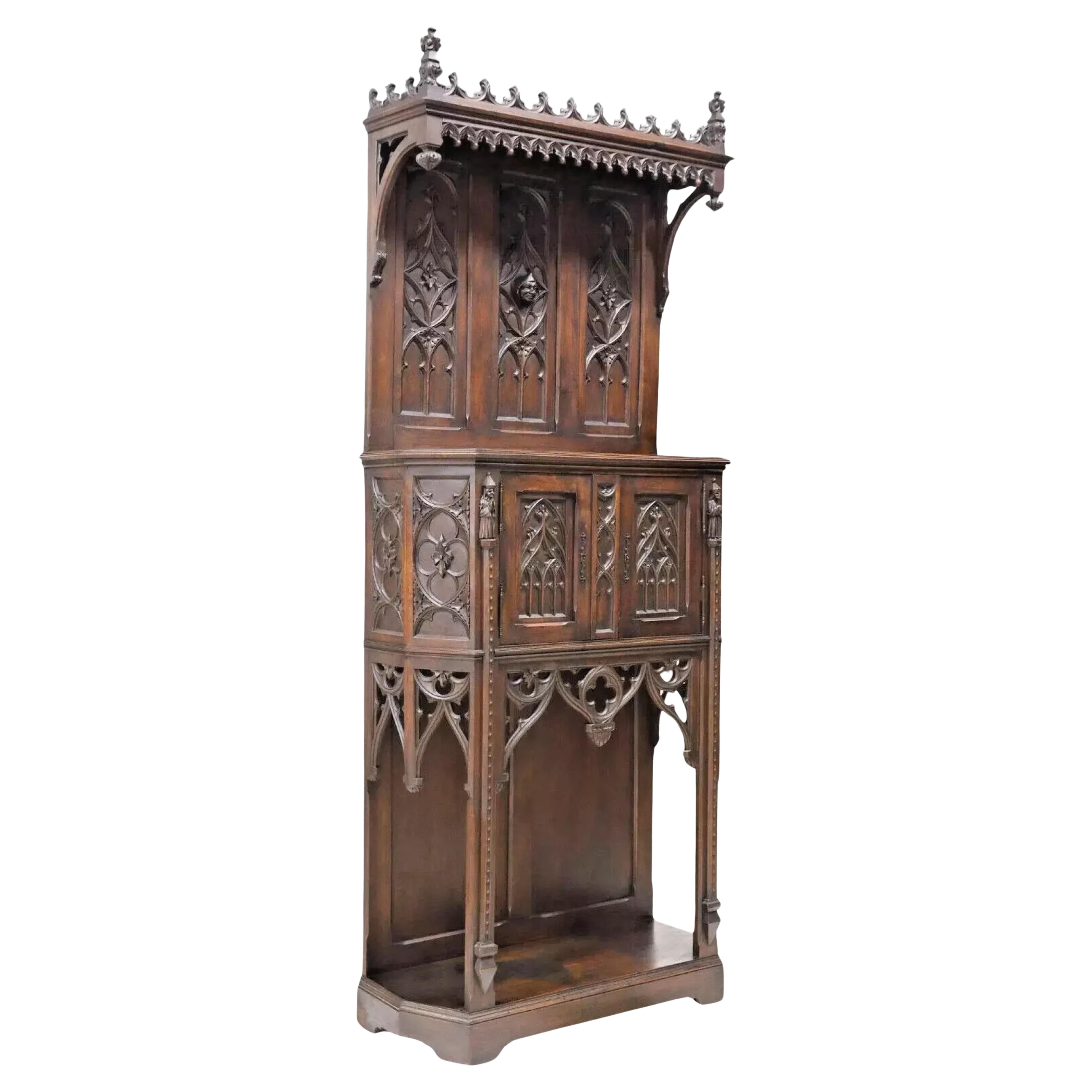 1800's Antique French Gothic Revival, Carved Oak, Crest, Credence Cupboard!!