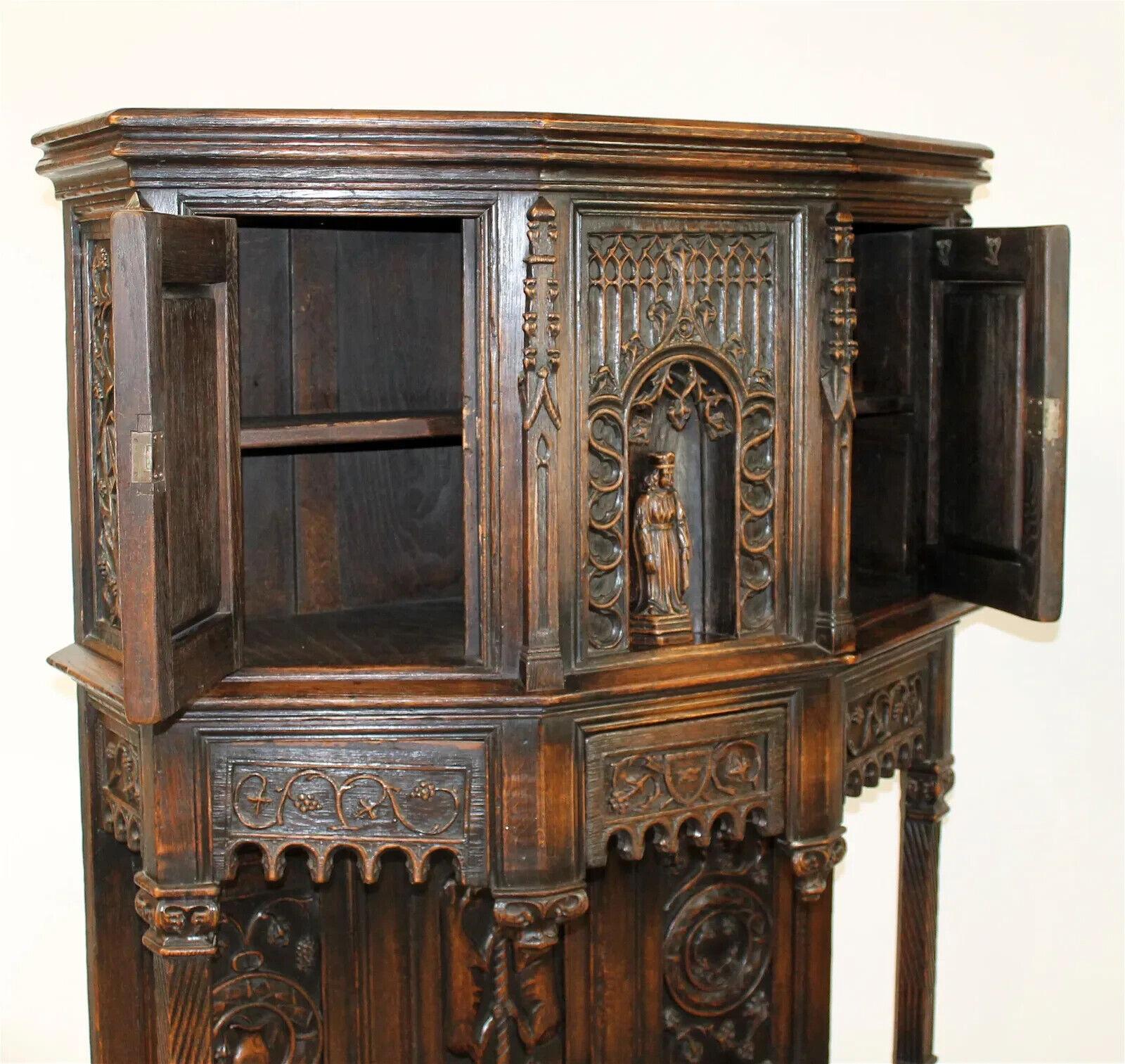 1800's Antique French Gothic Revival, Carved Oak Reliquary w/ Bishop Cabinet!! 5