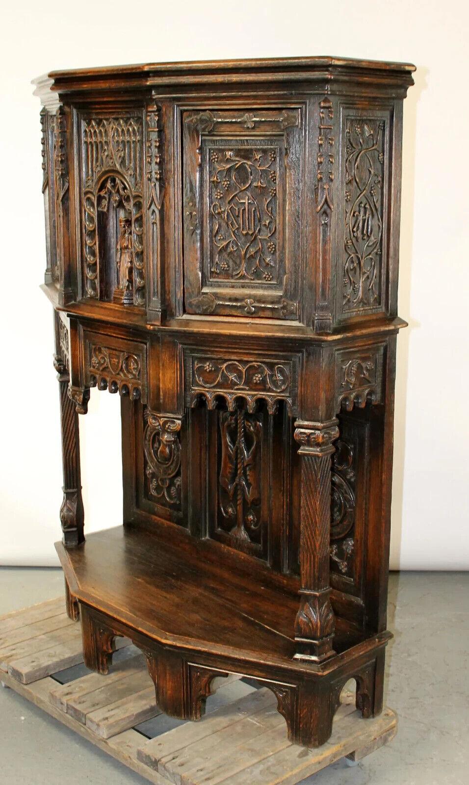 1800's Antique French Gothic Revival, Carved Oak Reliquary w/ Bishop Cabinet!! 6