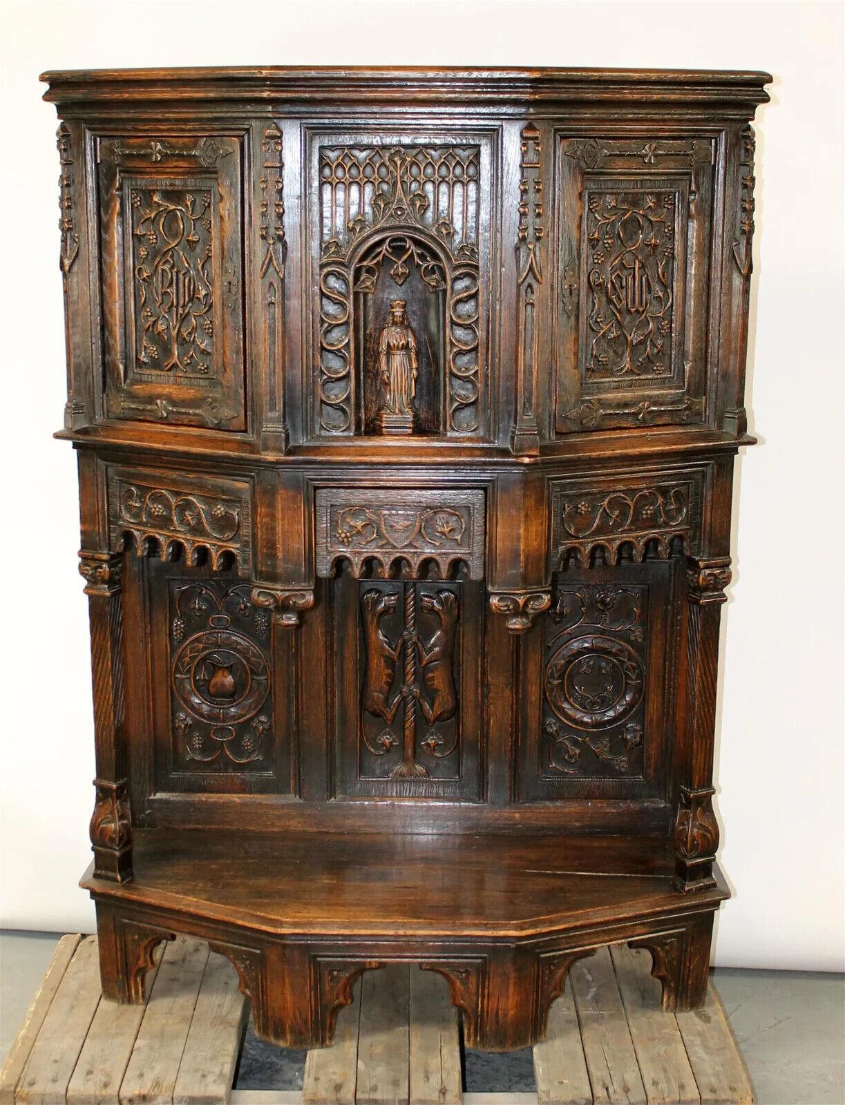 Hand-Carved 1800's Antique French Gothic Revival, Carved Oak Reliquary w/ Bishop Cabinet!!