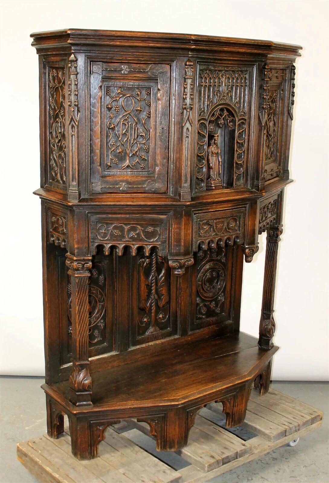 19th Century 1800's Antique French Gothic Revival, Carved Oak Reliquary w/ Bishop Cabinet!!