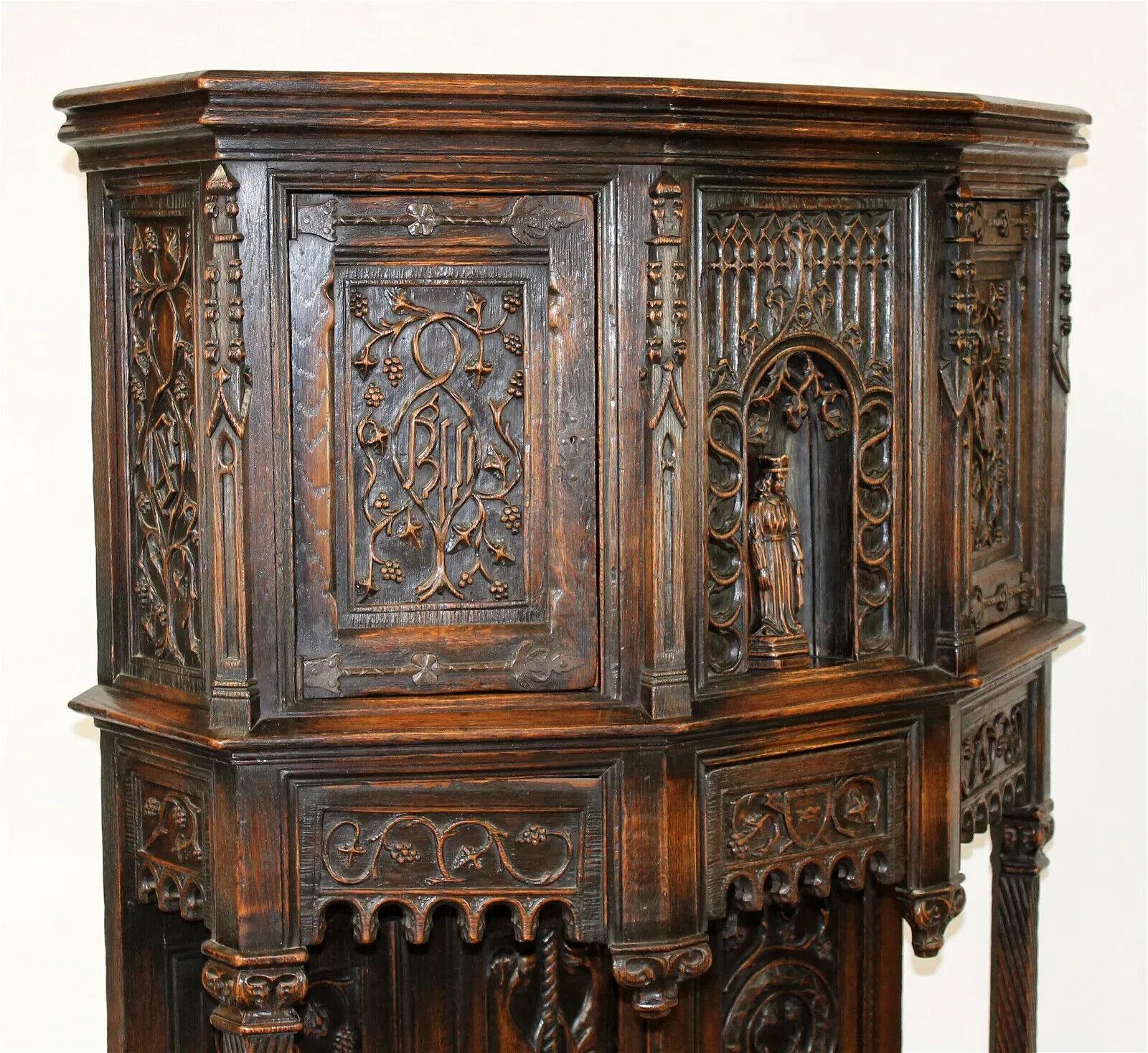 1800's Antique French Gothic Revival, Carved Oak Reliquary w/ Bishop Cabinet!! 1