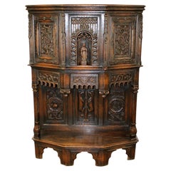 1800's Antique French Gothic Revival, Carved Oak Reliquary w/ Bishop Cabinet!!