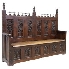 1800's Antique French Gothic Revival, Carved Wood, Oak Hall Bench and Coffer!!