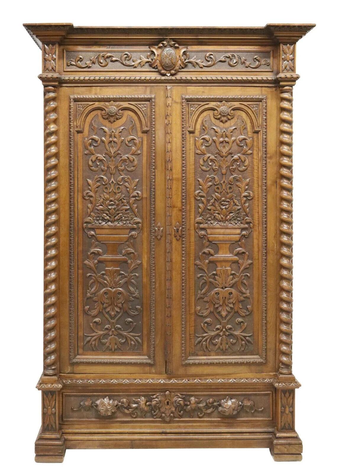 Antique Armoire, French Henri II Style Foliate Carved, Molded Cornice, 1800s, 19th Century!! Great for storage in the bedroom!!

French Henri II style carved armoire, 19th c., 1800's, medium wood tones having molded cornice, MS monogramed cartouche