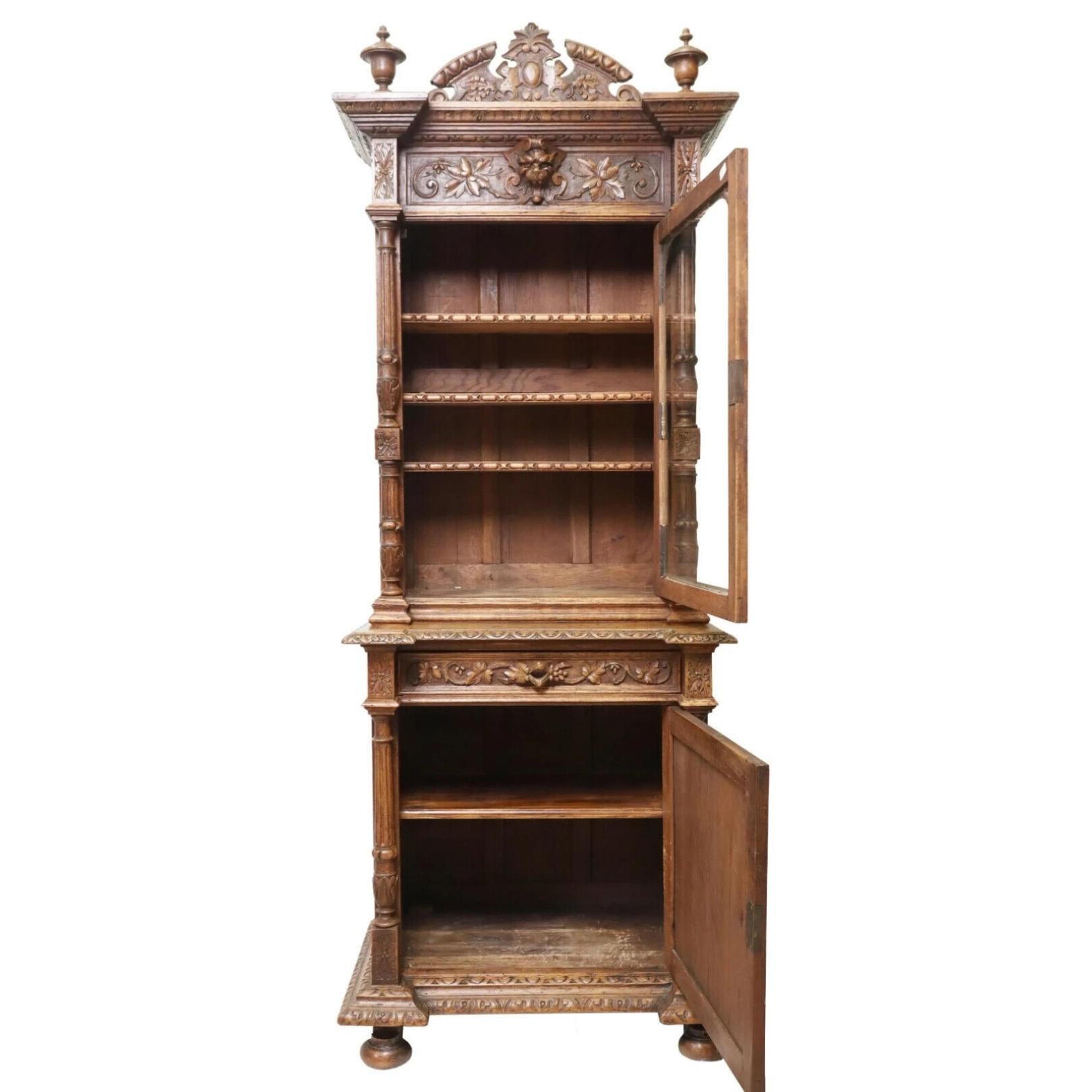 Other 1800's Antique  French Henri II Style Oak Stepback, Crest, Crown, Glazed Cabinet
