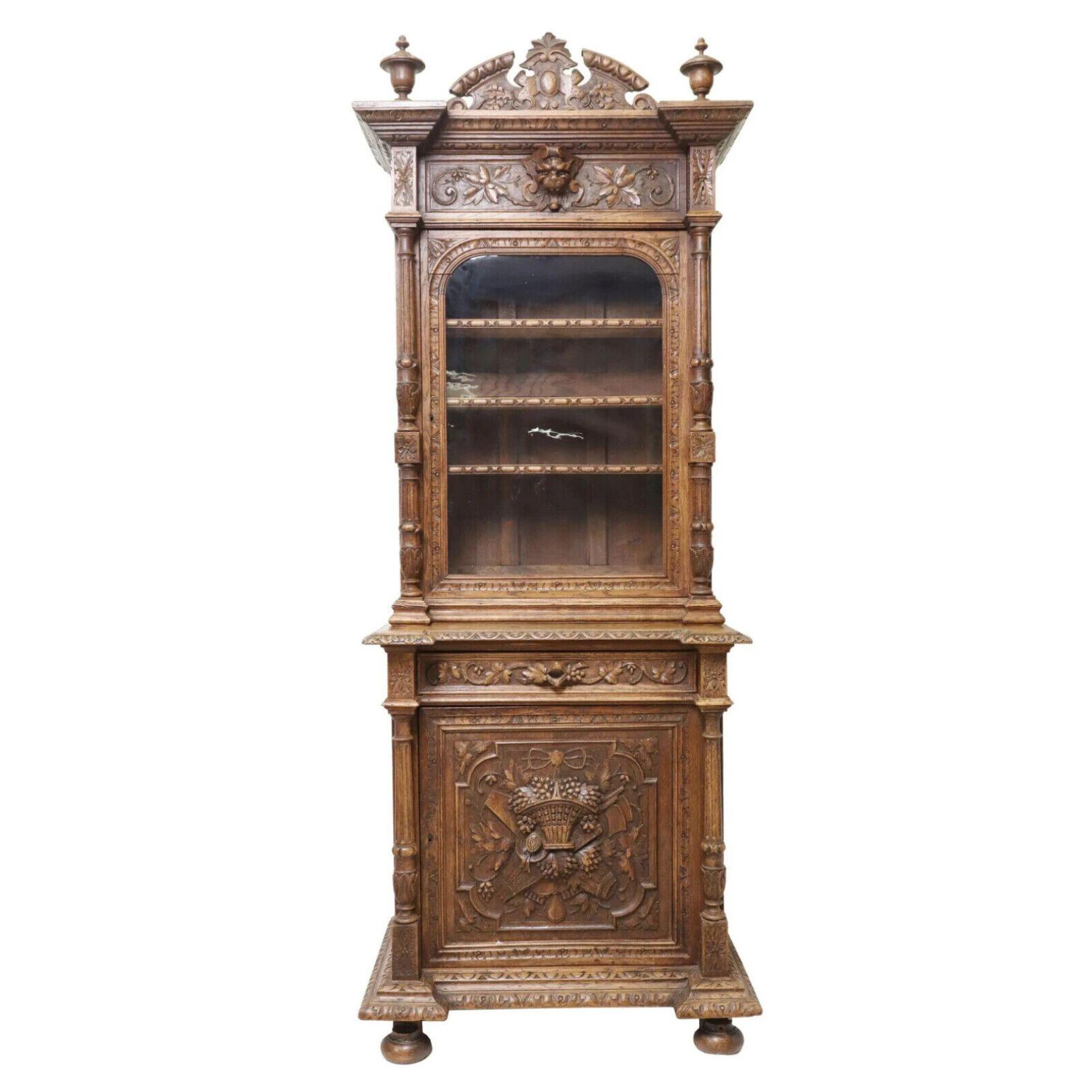 Carved 1800's Antique  French Henri II Style Oak Stepback, Crest, Crown, Glazed Cabinet