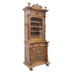 1800's Antique  French Henri II Style Oak Stepback, Crest, Crown, Glazed Cabinet